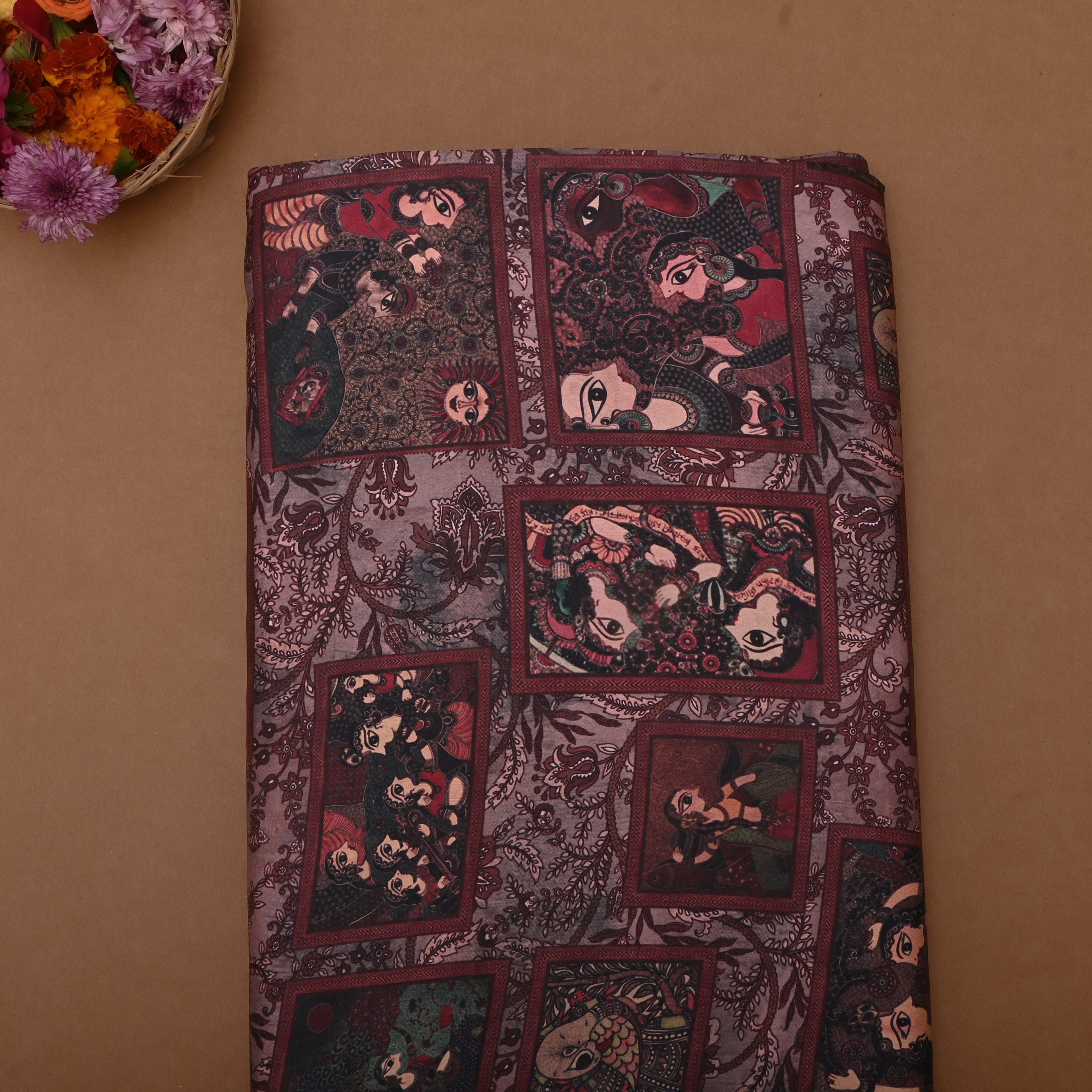Maroon Silk Fabric With Floral Design