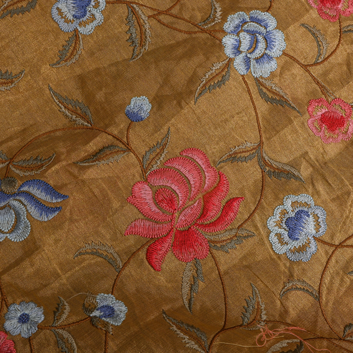 Beige Red Blue Floral Jaal Thread Work Tissue Fabric