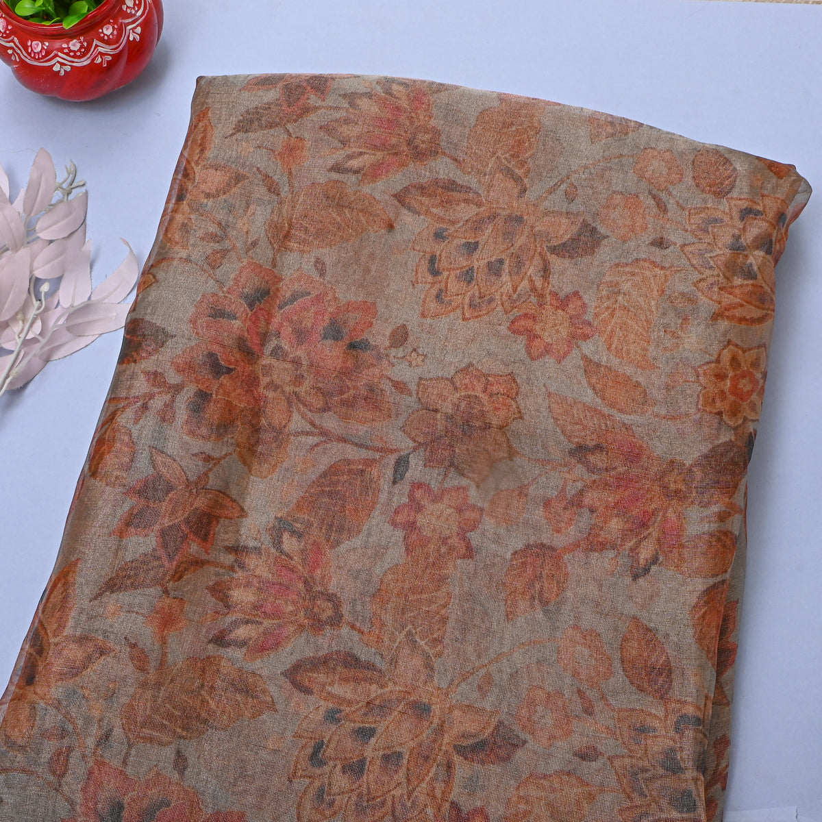 Fade Tangerine Orange Floral Print Organza Tissue Fabric