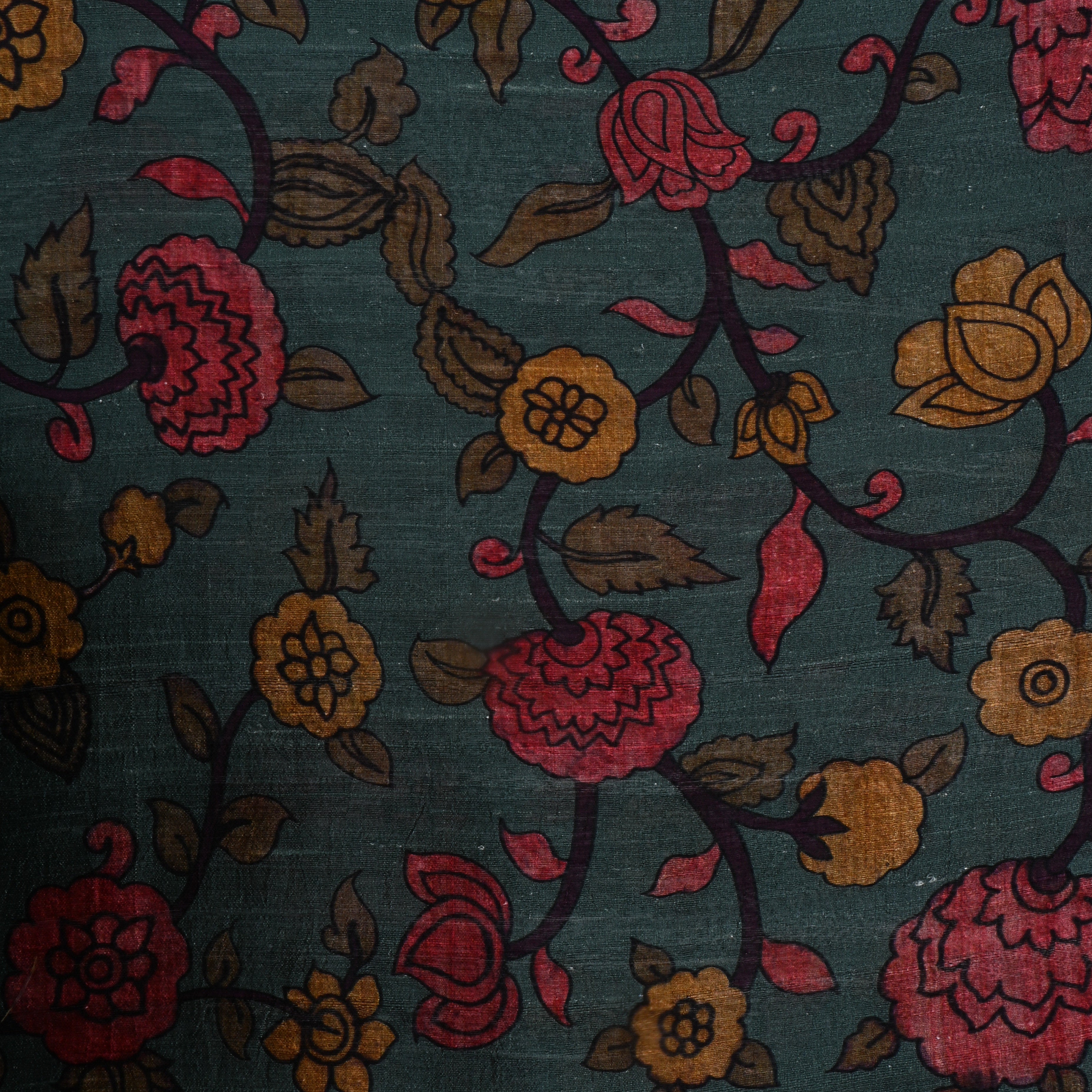 Gunmetal Green Dupion Fabric With Digital Print