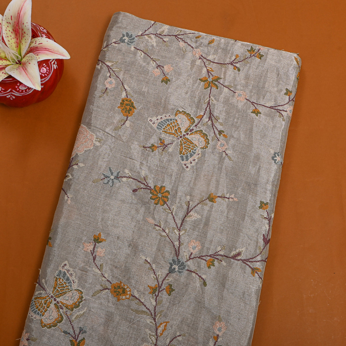 Grey Tissue Fabric With Floral Jaal Thread Work