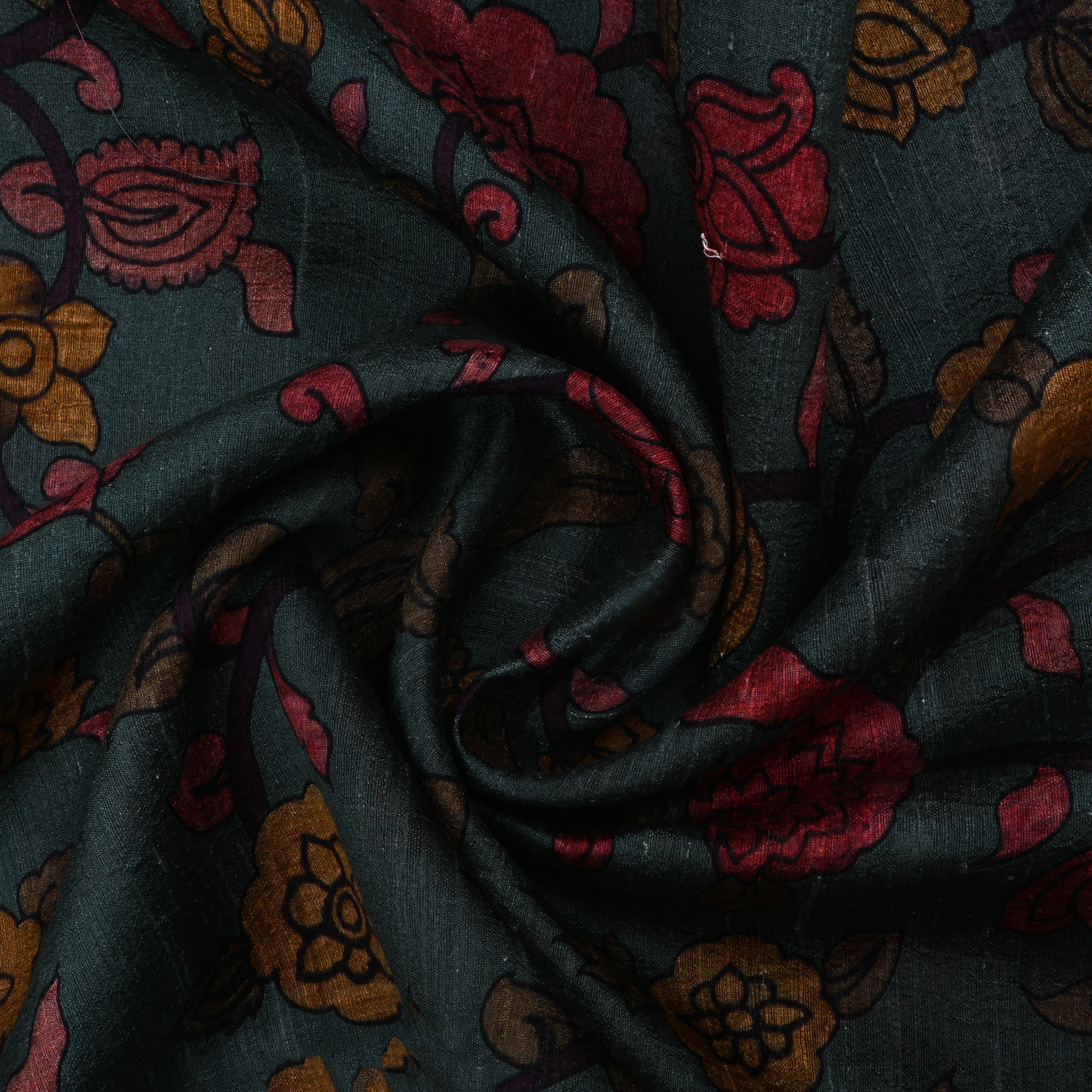 Gunmetal Green Dupion Fabric With Digital Print