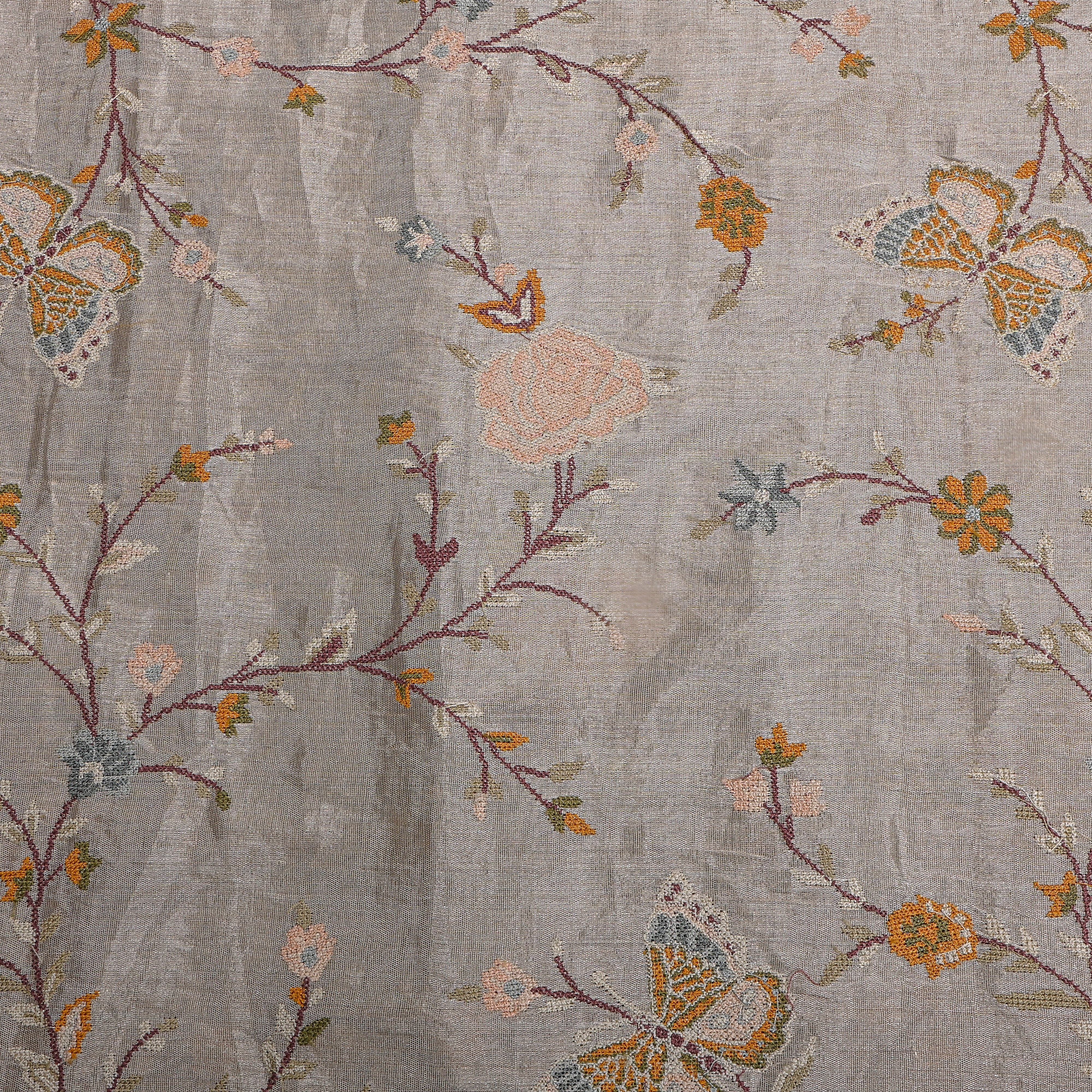 Grey Tissue Fabric With Floral Jaal Thread Work