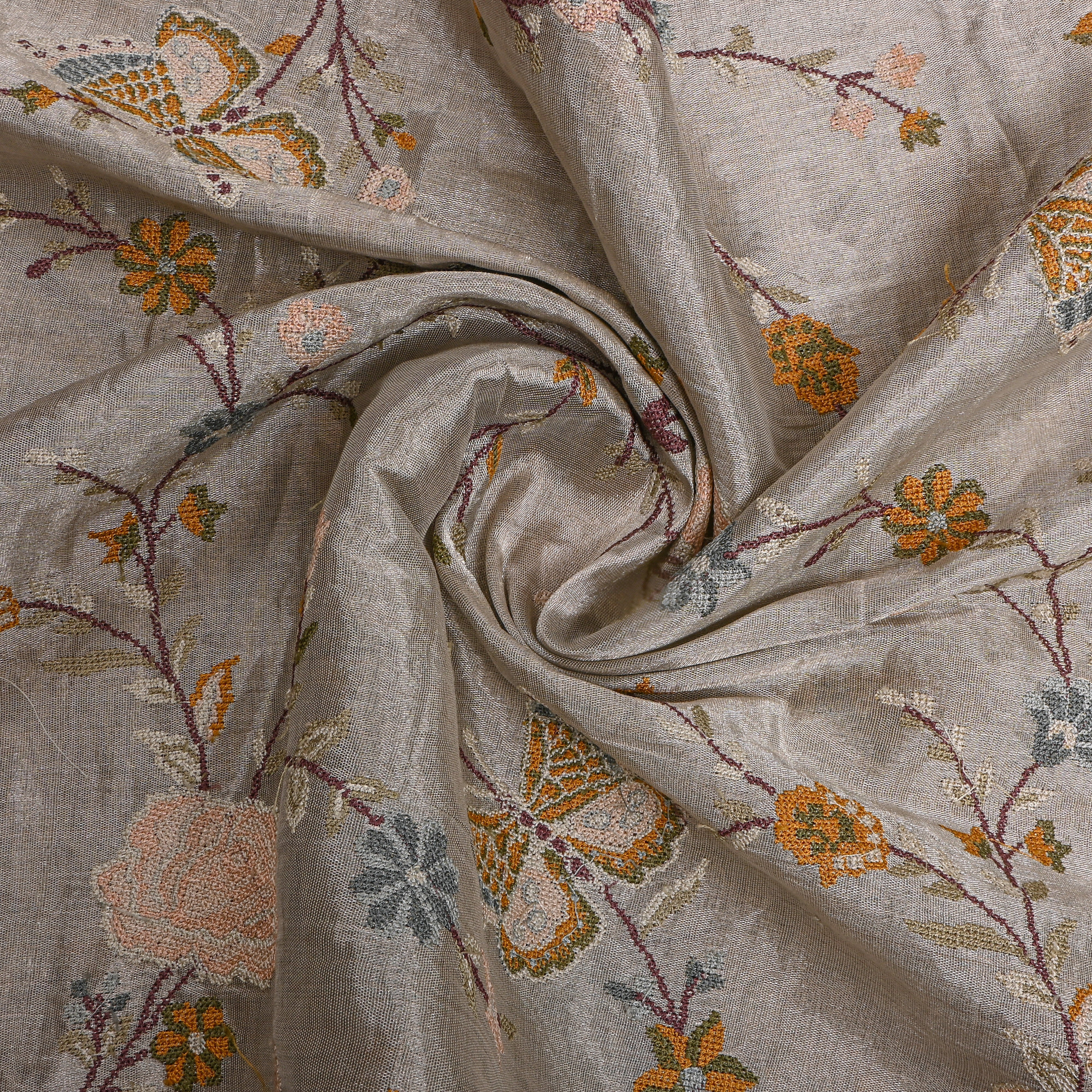 Grey Tissue Fabric With Floral Jaal Thread Work