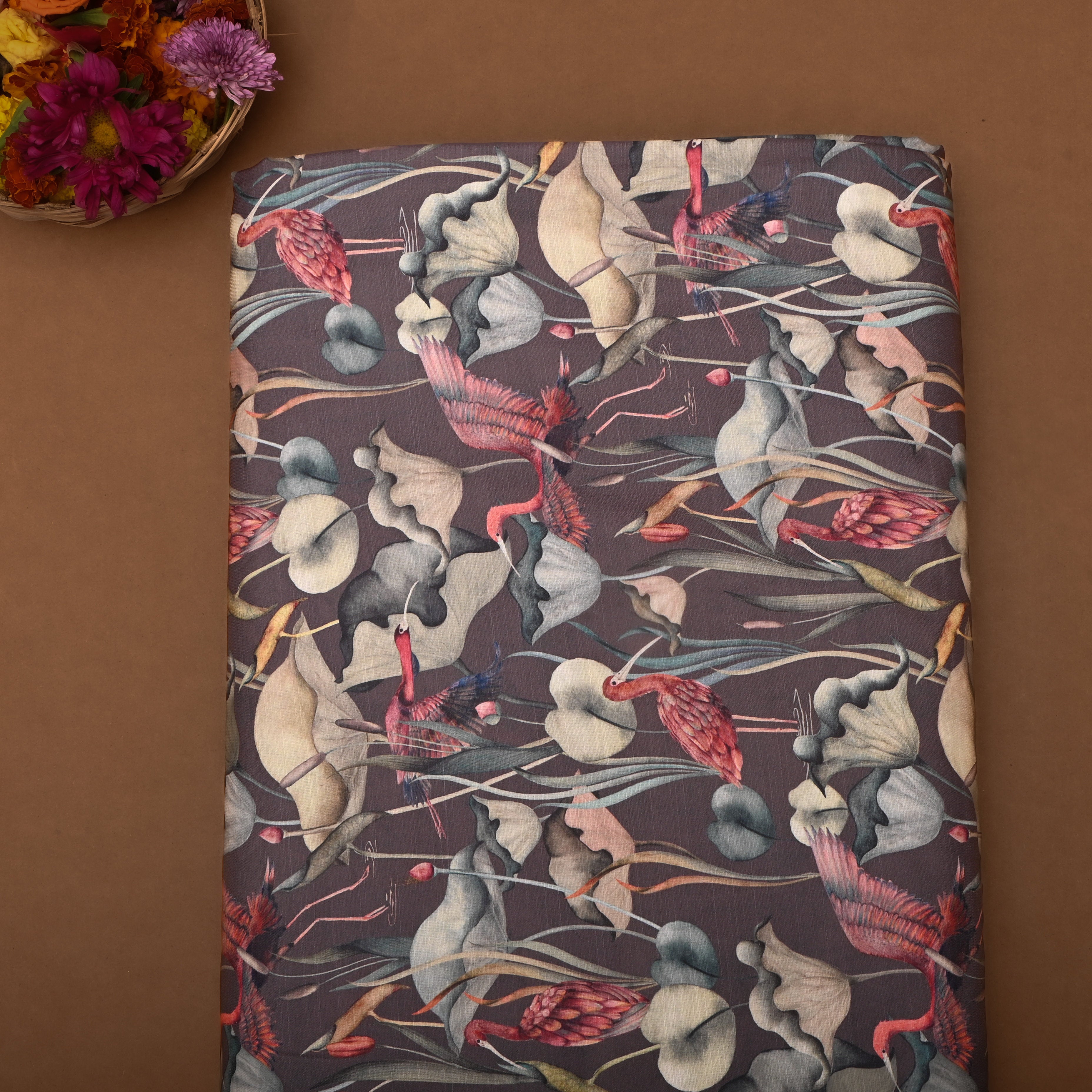 Wenge Brown Silk Fabric With Swan And Floral Prints