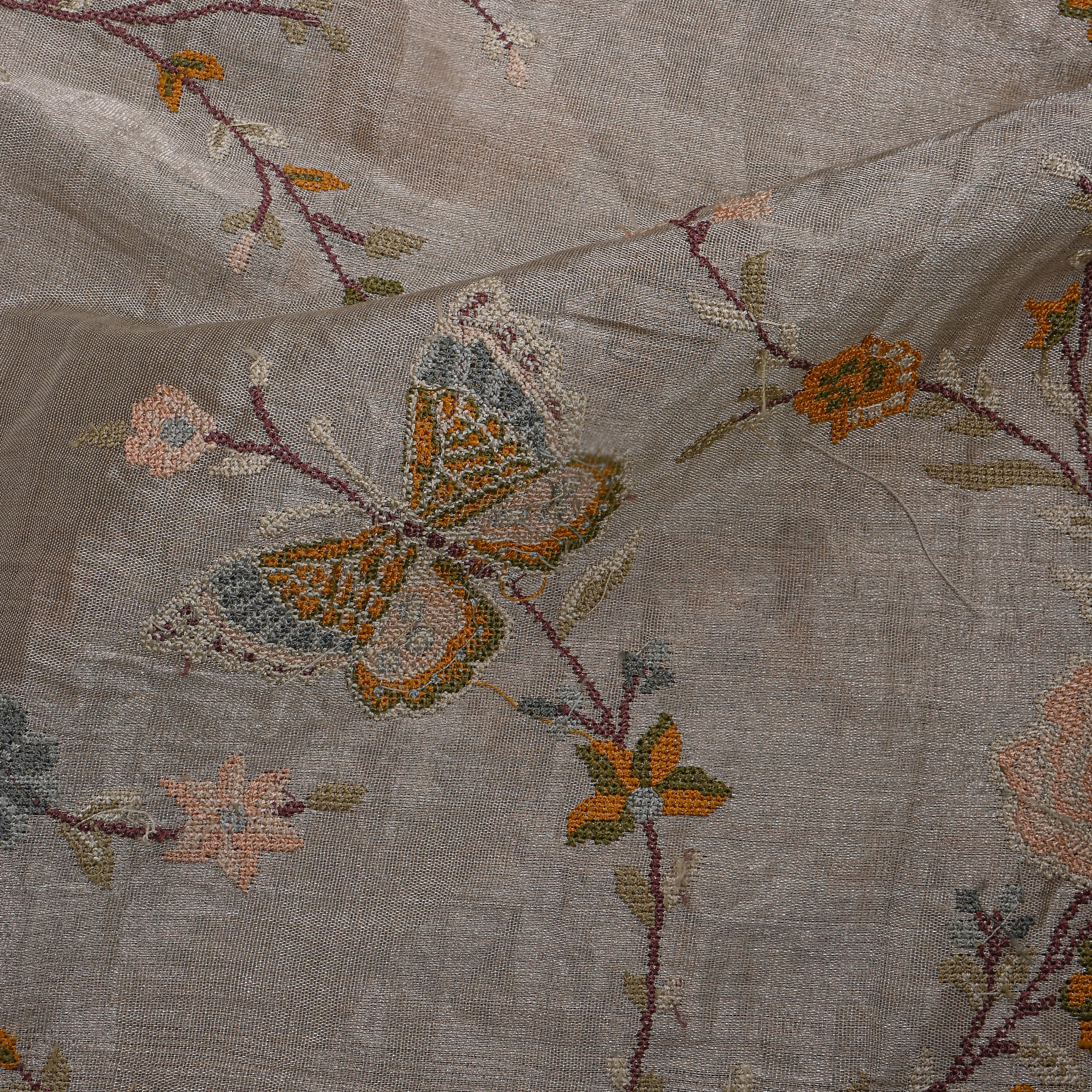 Grey Tissue Fabric With Floral Jaal Thread Work