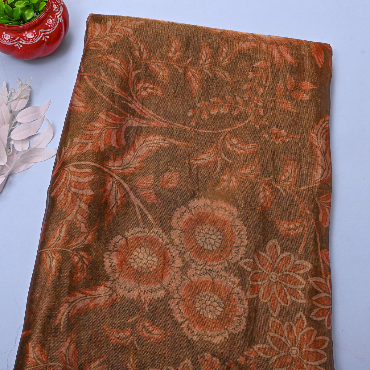 Cocoa Brown Floral Print Organza Tissue Fabric