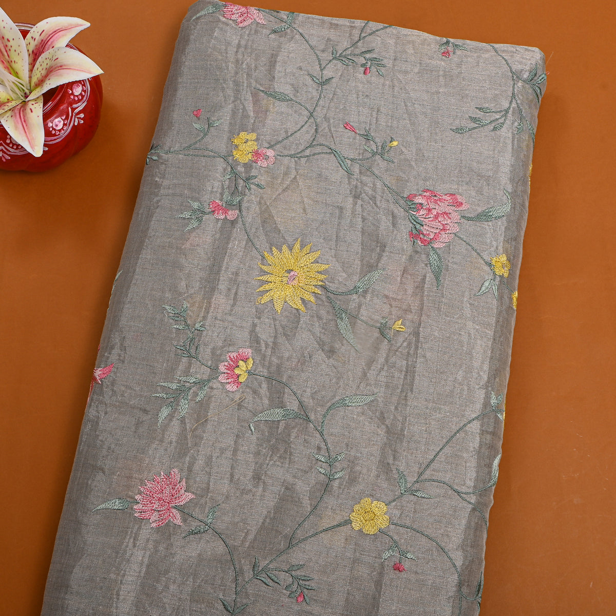 Steel Grey Bright Floral Jaal Thread Work Tissue Fabric
