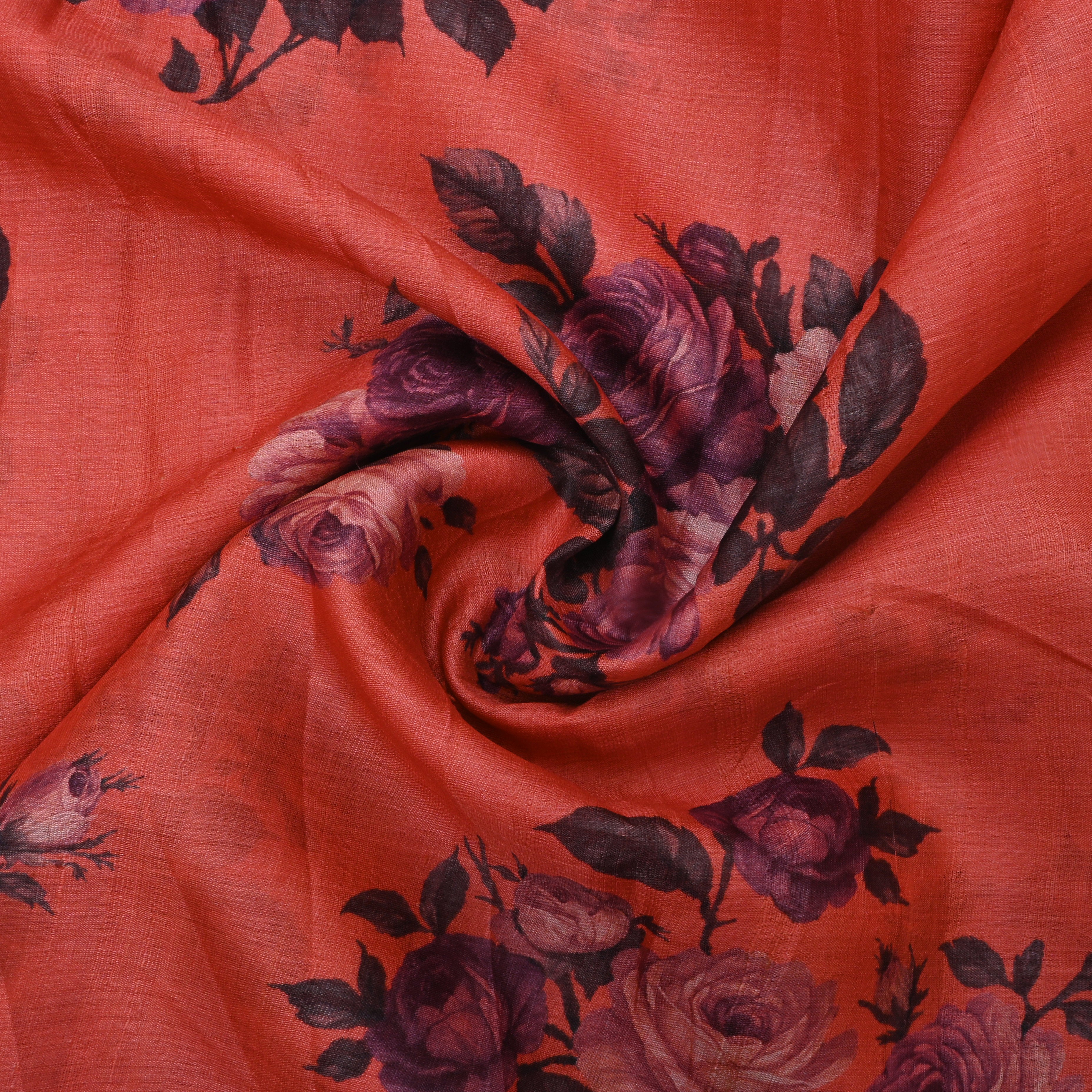 Dark Coral Orange Tussar Fabric With Floral Prints
