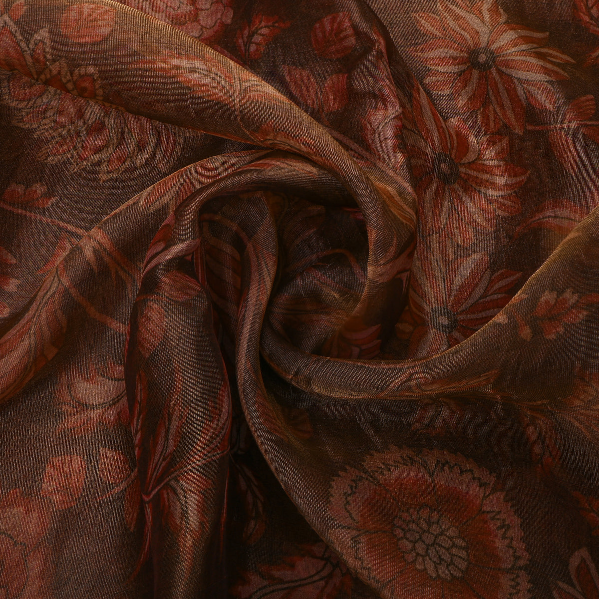 Cocoa Brown Floral Print Organza Tissue Fabric