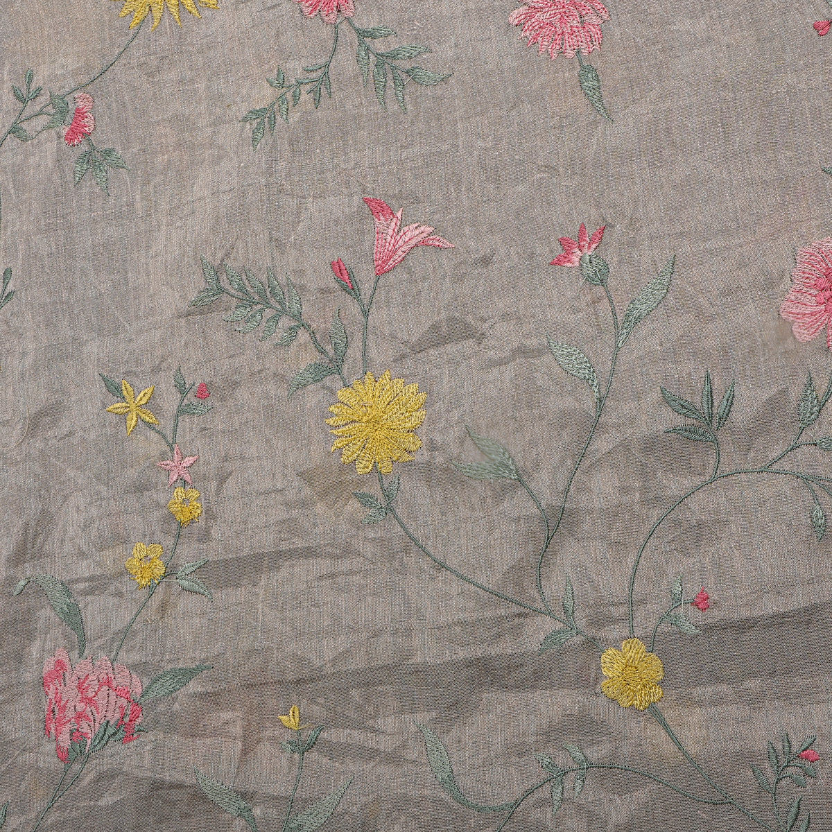 Steel Grey Bright Floral Jaal Thread Work Tissue Fabric