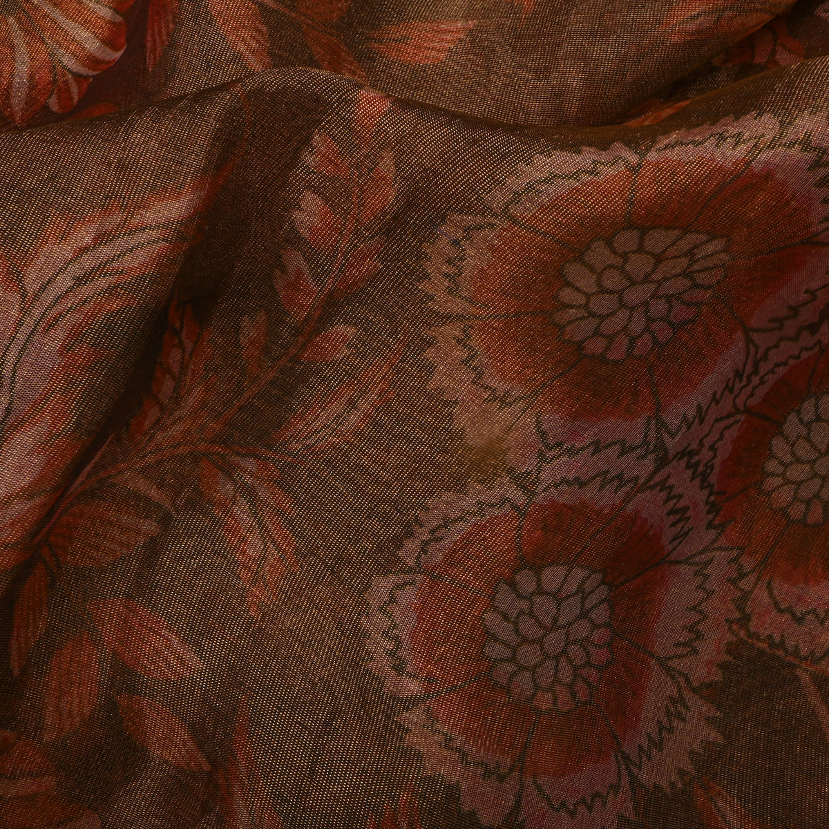 Cocoa Brown Floral Print Organza Tissue Fabric