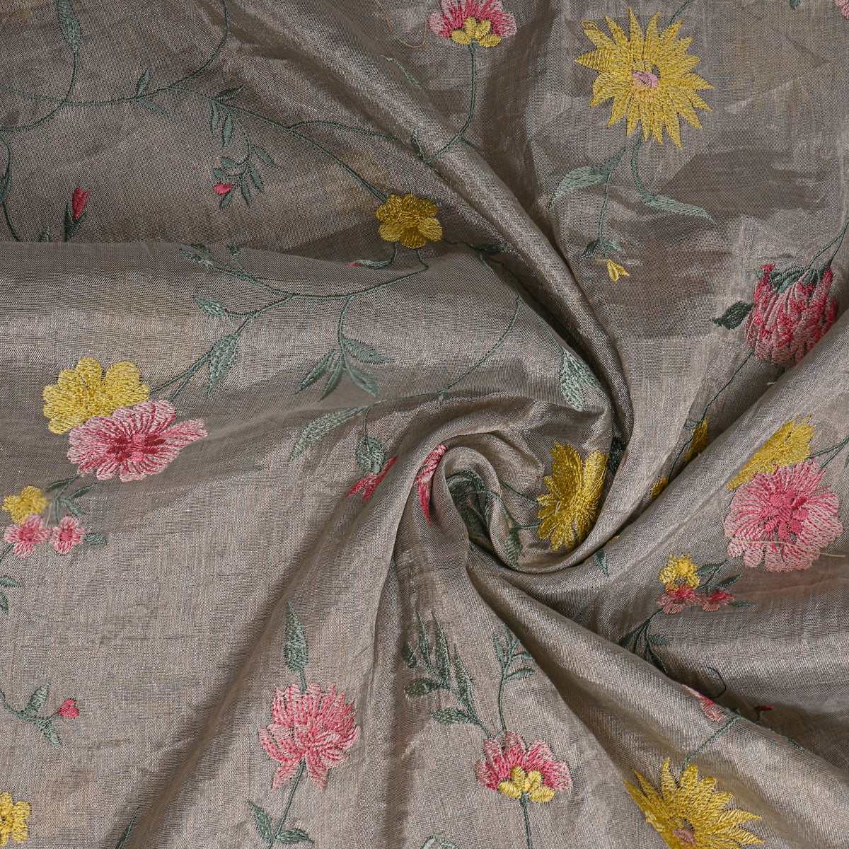 Steel Grey Bright Floral Jaal Thread Work Tissue Fabric
