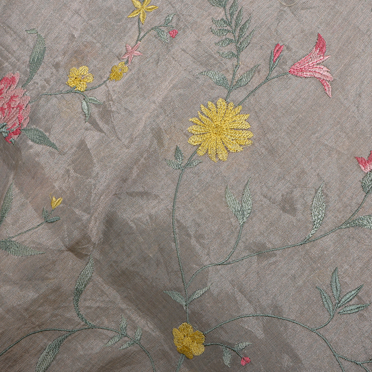 Steel Grey Bright Floral Jaal Thread Work Tissue Fabric