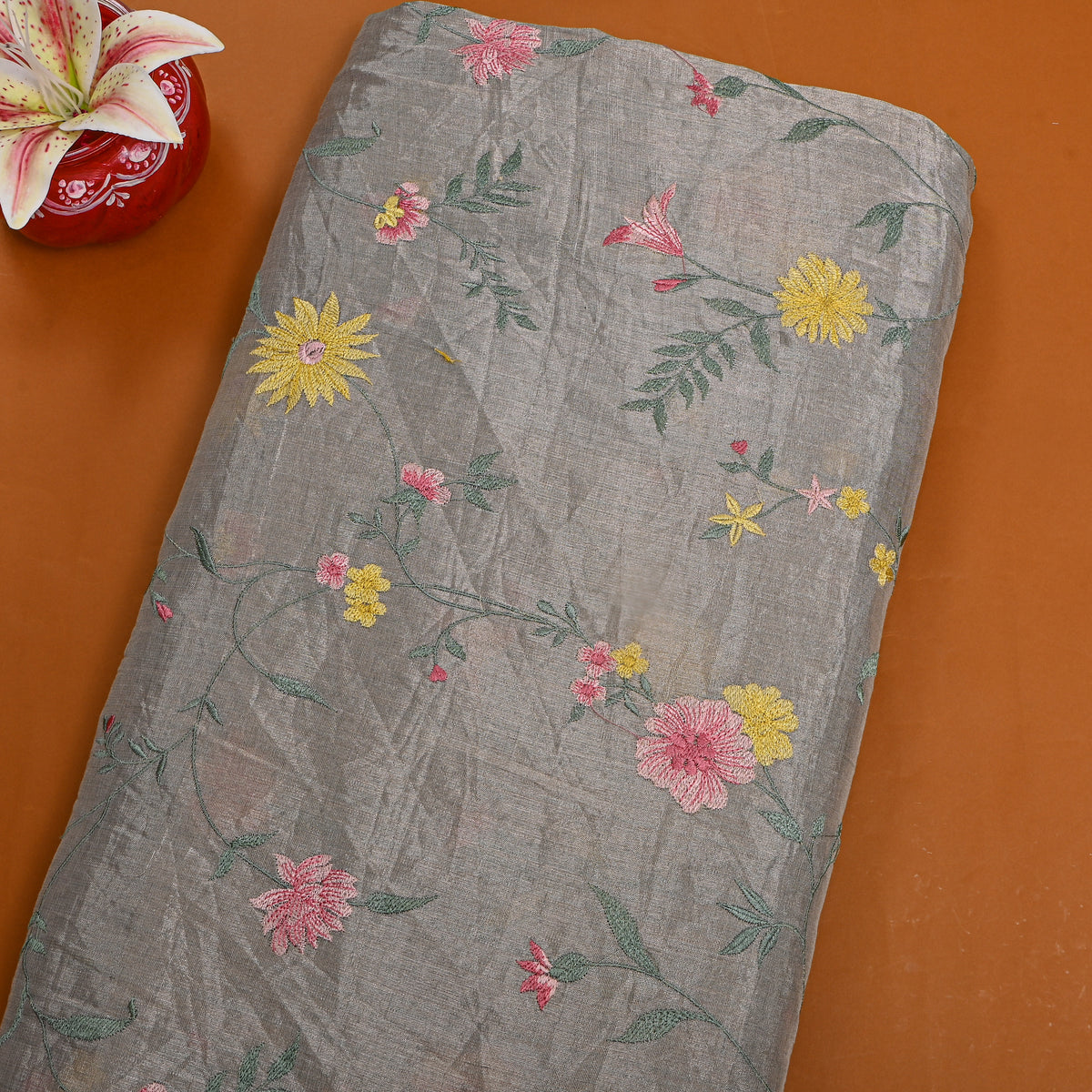 Graphite Grey Bright Floral Jaal Thread Work Tissue Fabric