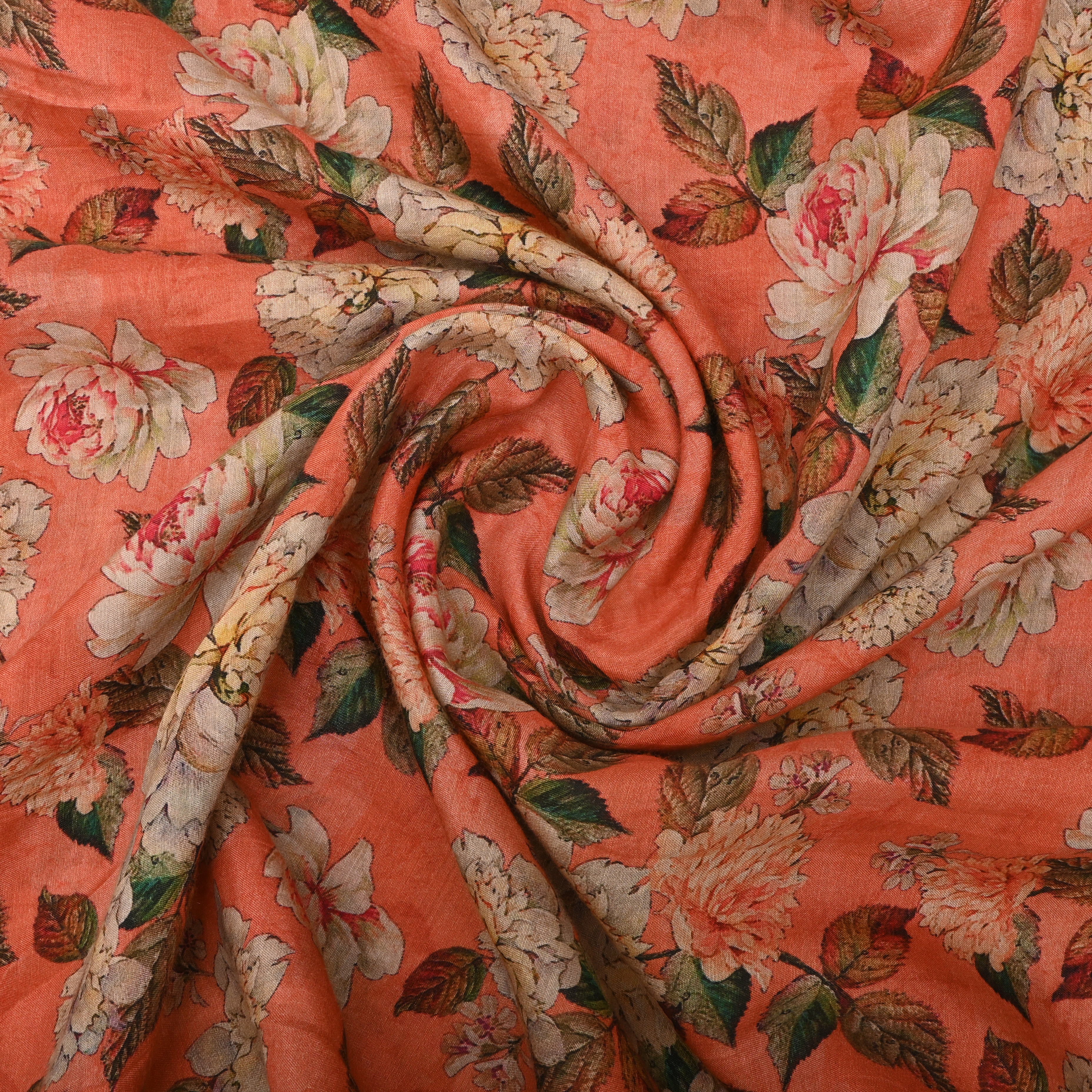 Coral Orange Silk Fabric With Floral Prints