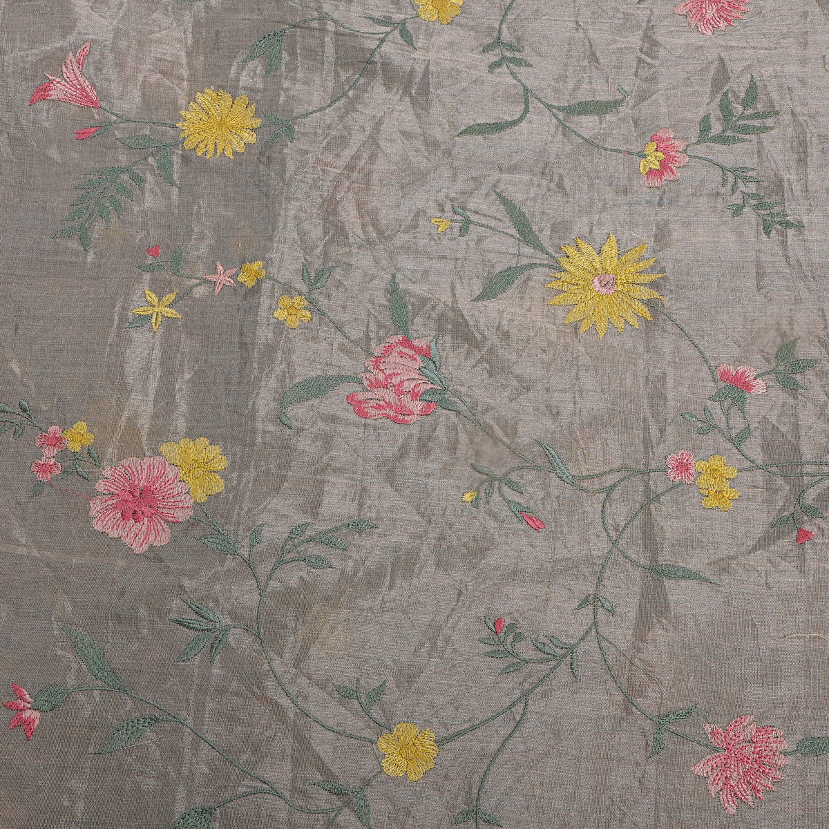Graphite Grey Bright Floral Jaal Thread Work Tissue Fabric
