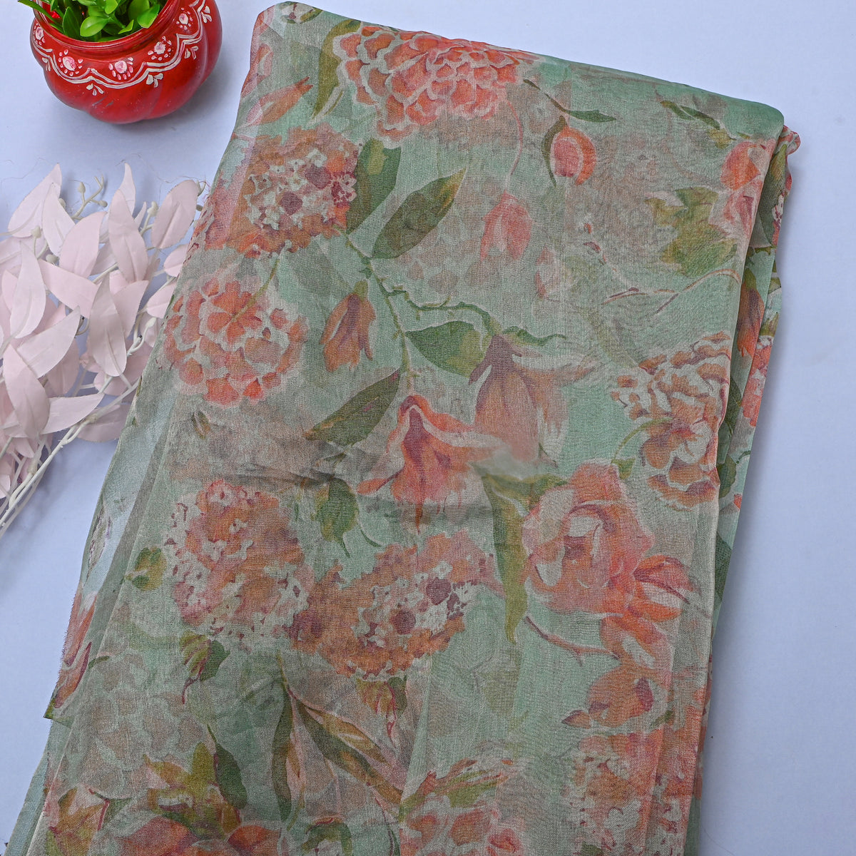 Green Floral Print Organza Fabric