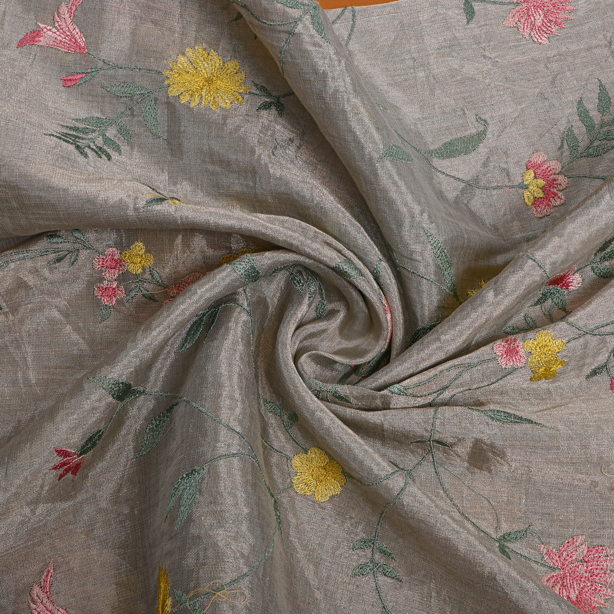 Graphite Grey Bright Floral Jaal Thread Work Tissue Fabric