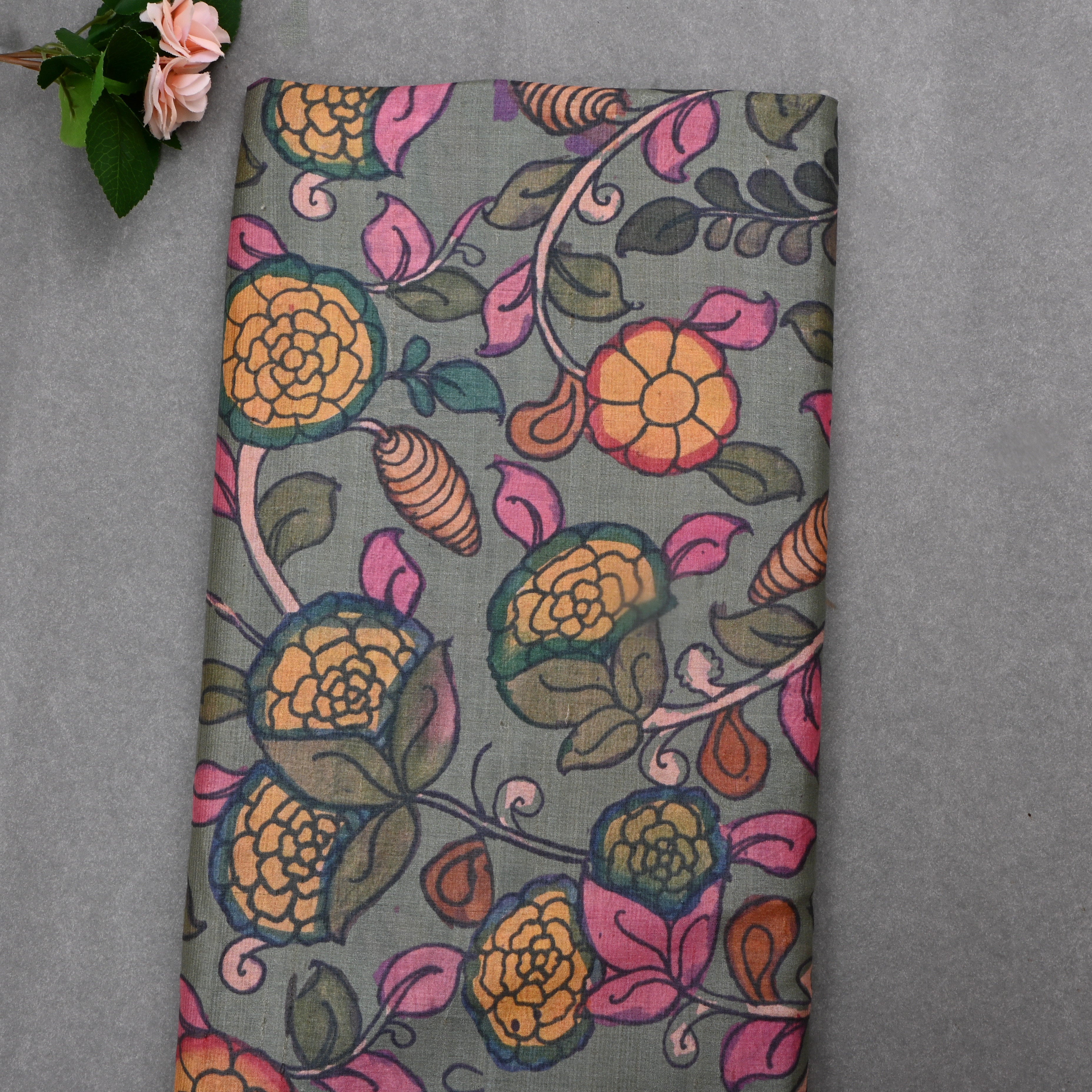 Battleship Gray Tussar Fabric With Digital Print