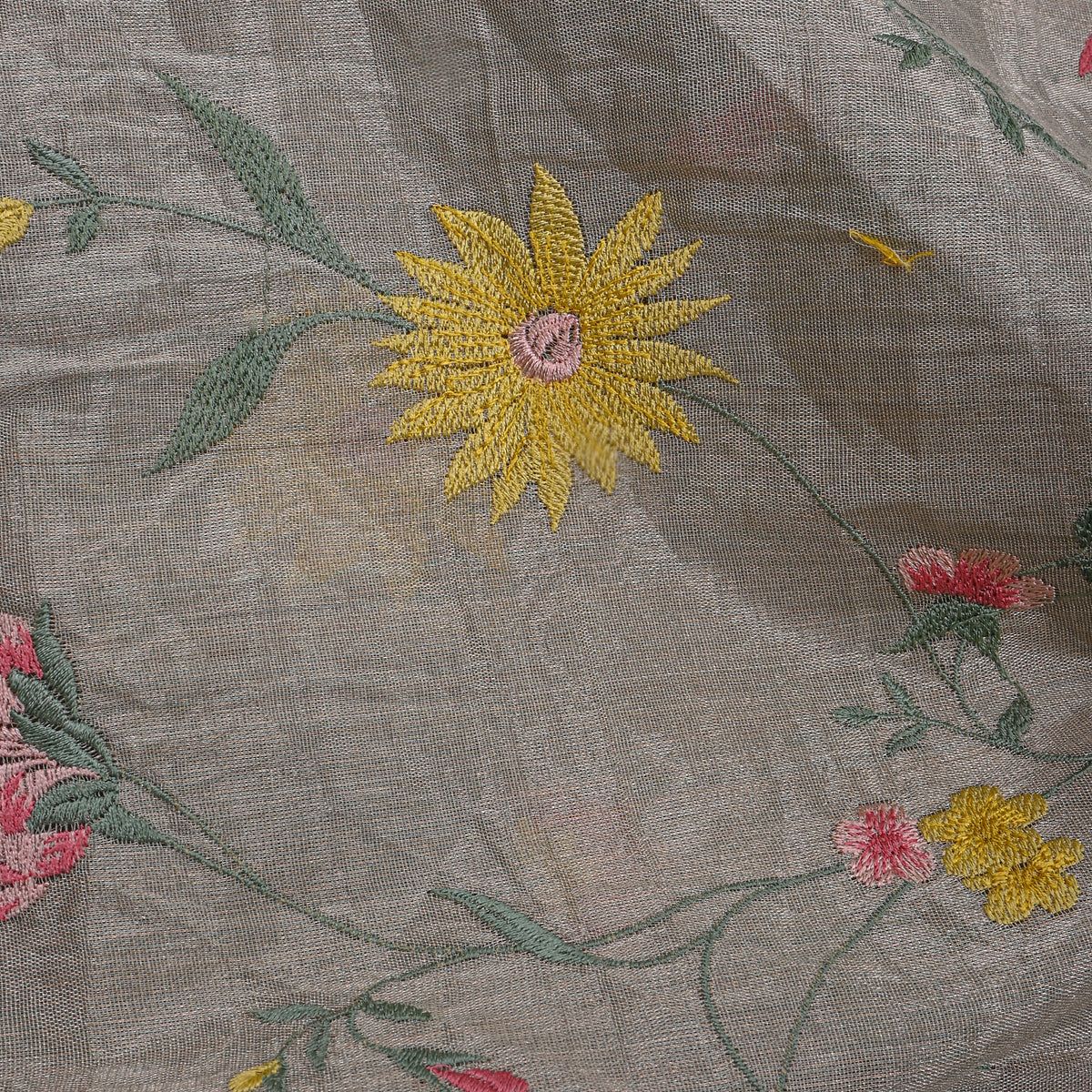 Graphite Grey Bright Floral Jaal Thread Work Tissue Fabric