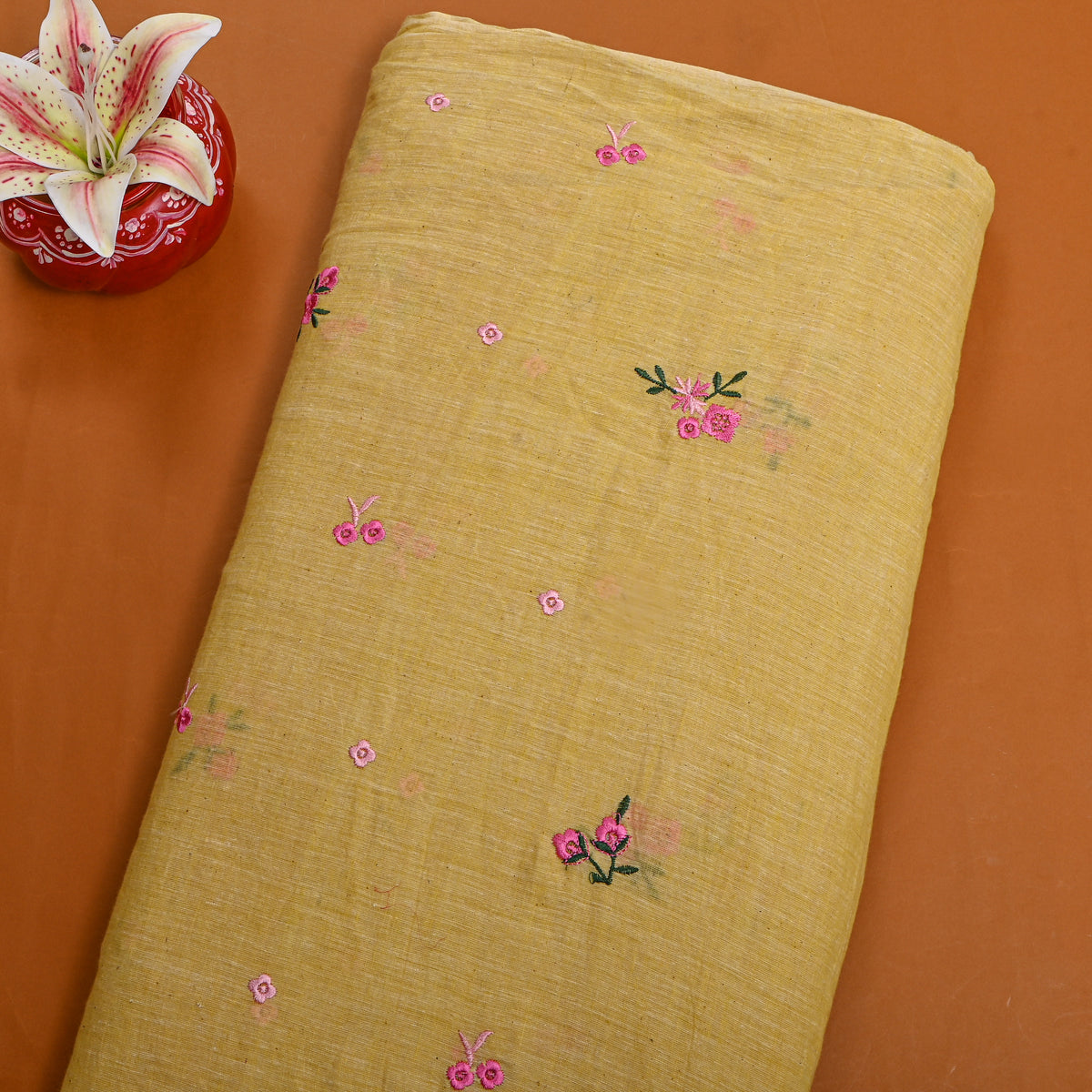 Pale Yellow With Pink Thread Work Butti Cotton Fabric