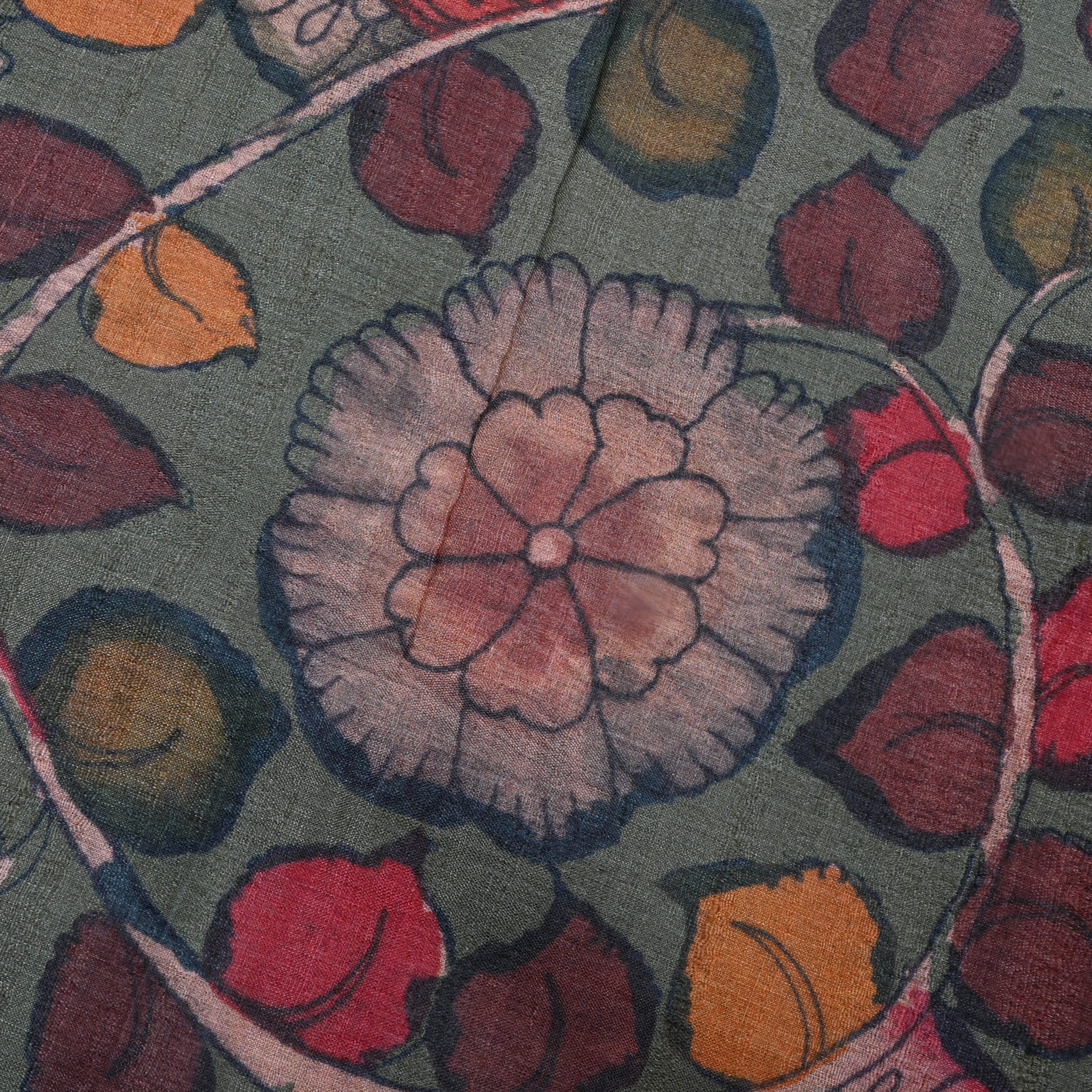 Dove Gray Tussar Fabric With Kalamkari Print