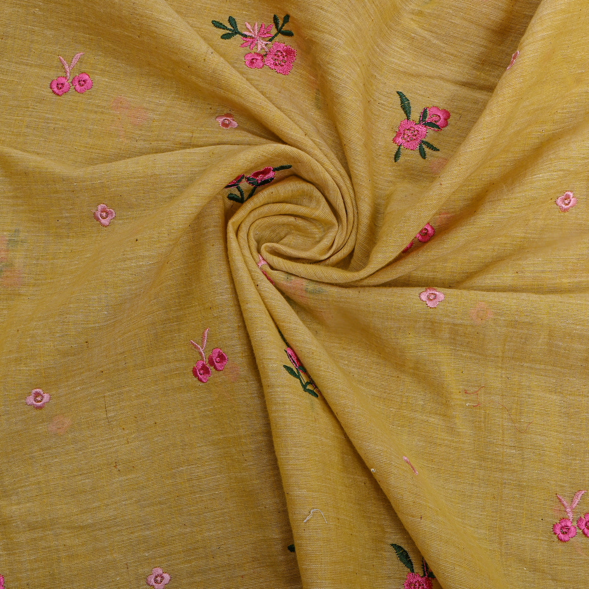 Pale Yellow With Pink Thread Work Butti Cotton Fabric