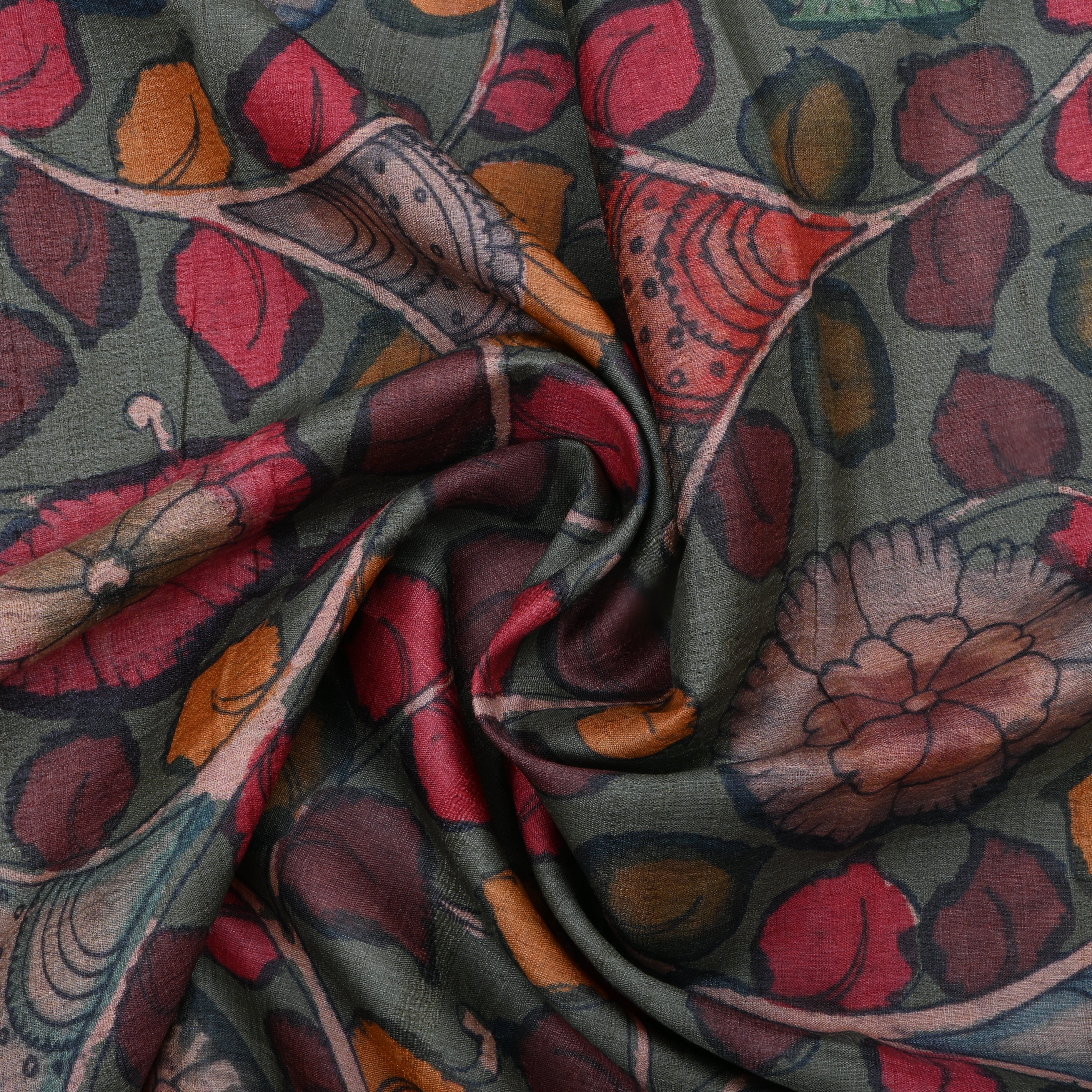 Dove Gray Tussar Fabric With Kalamkari Print