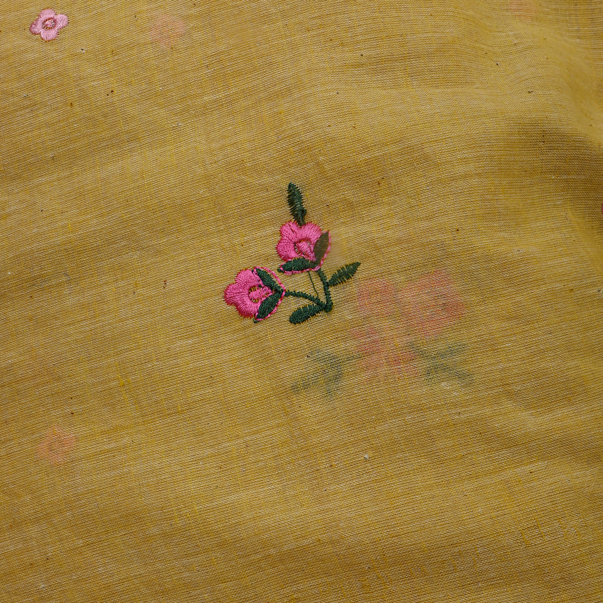 Pale Yellow With Pink Thread Work Butti Cotton Fabric