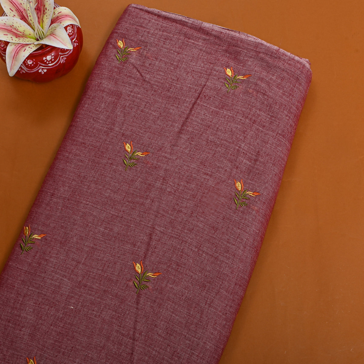 Brighty Magenta With Rust Thread Work Butti Cotton Fabric