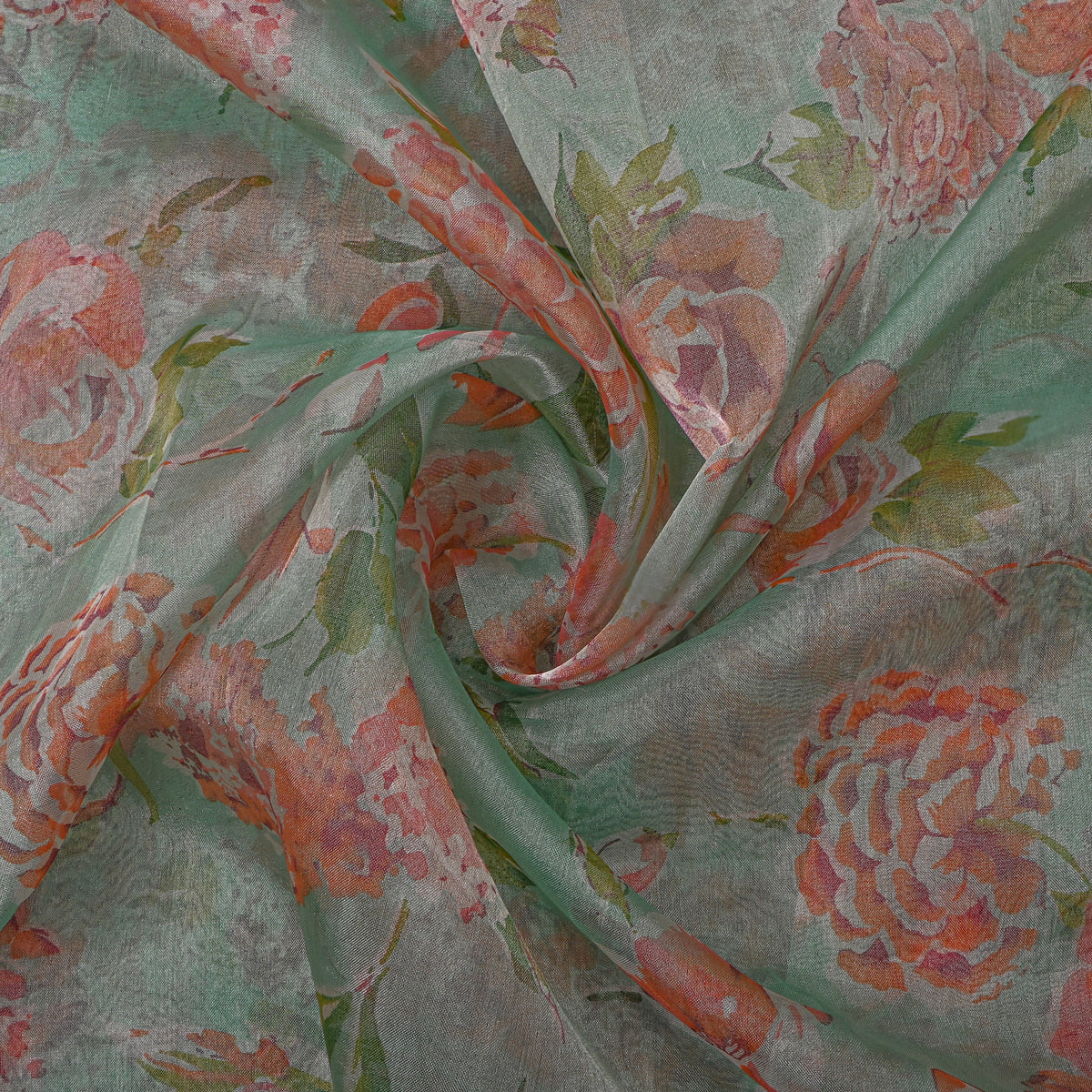 Green Floral Print Organza Fabric