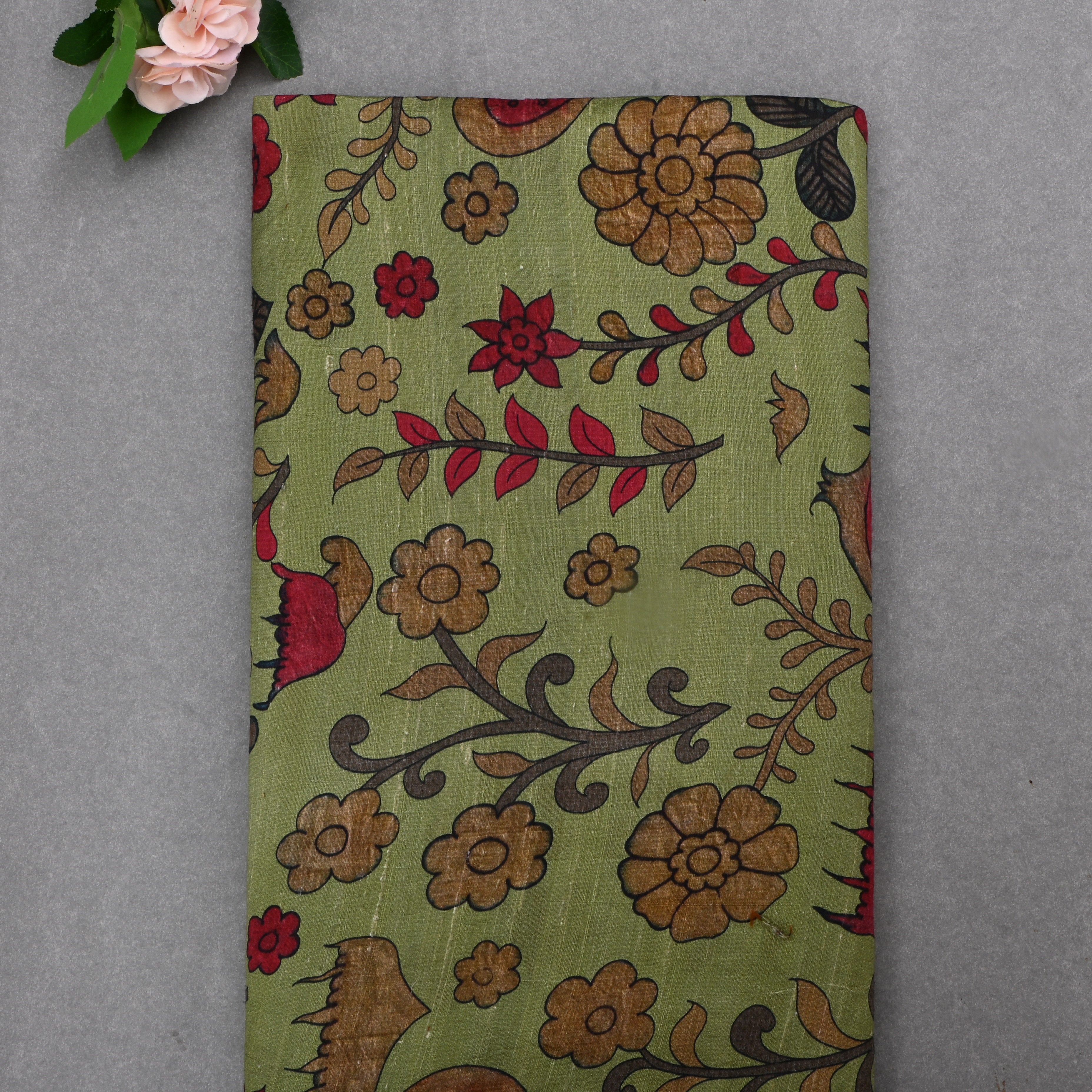 Finch Greenish Yellow Dupion Fabric With Printed Design