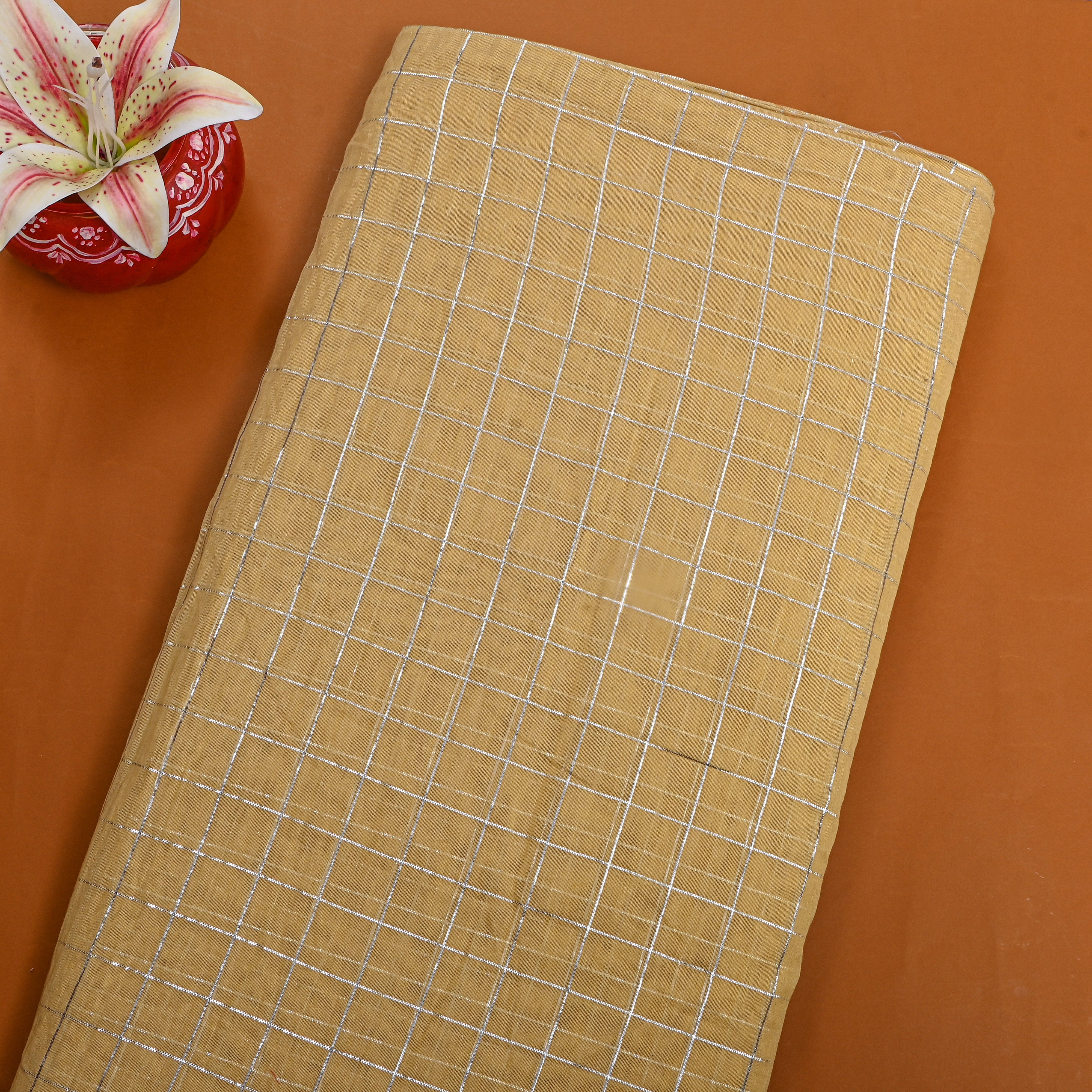 Beige Check Chanderi Fabric
