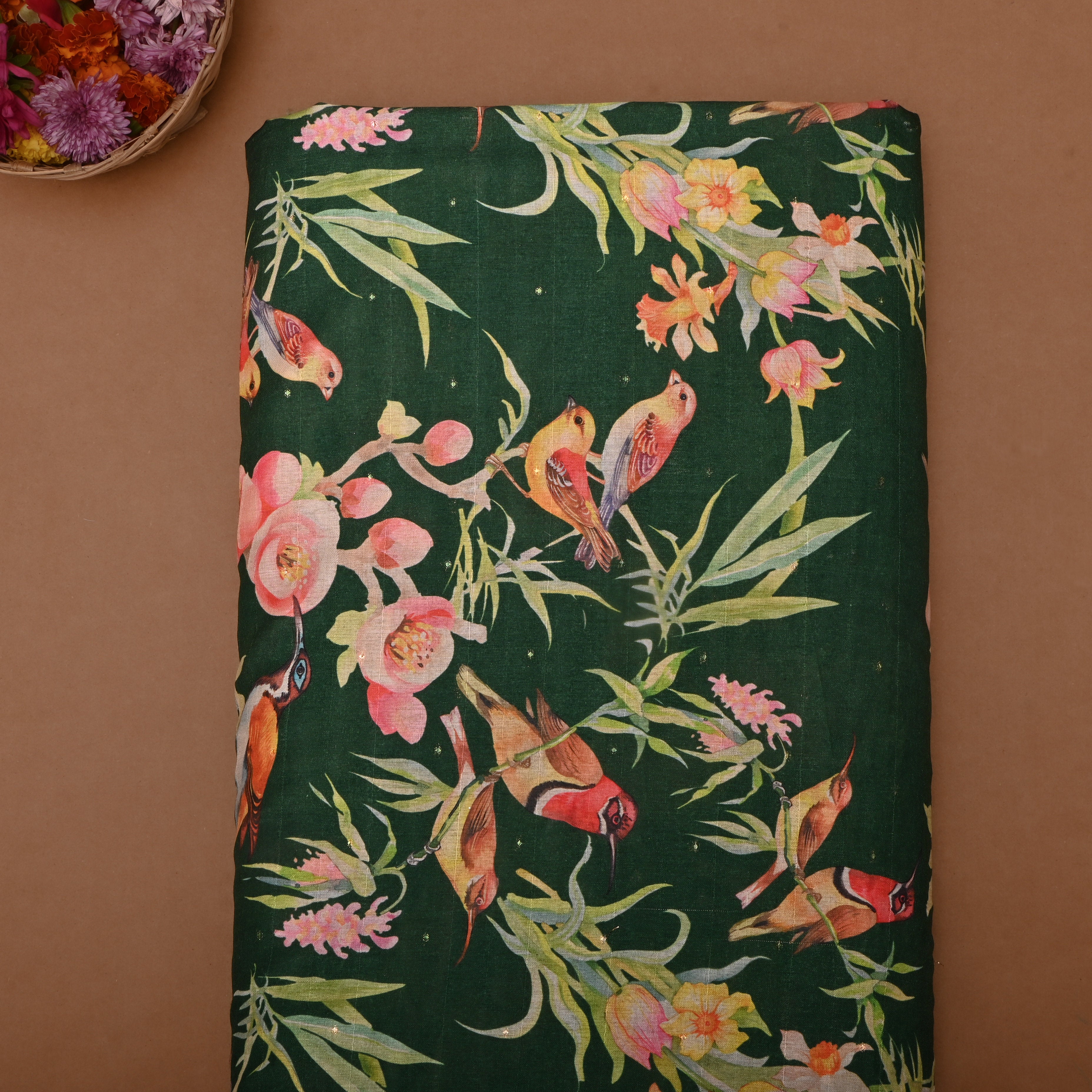 Bottle Green Tussar Fabric With Avian Prints