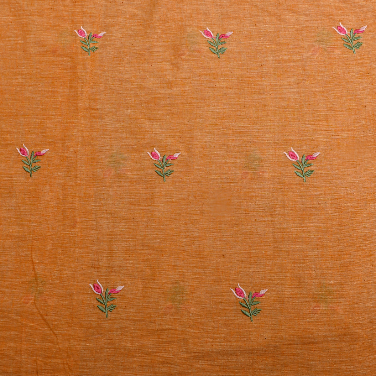 Bright Orange With Pink Thread Work Butti Cotton Fabric