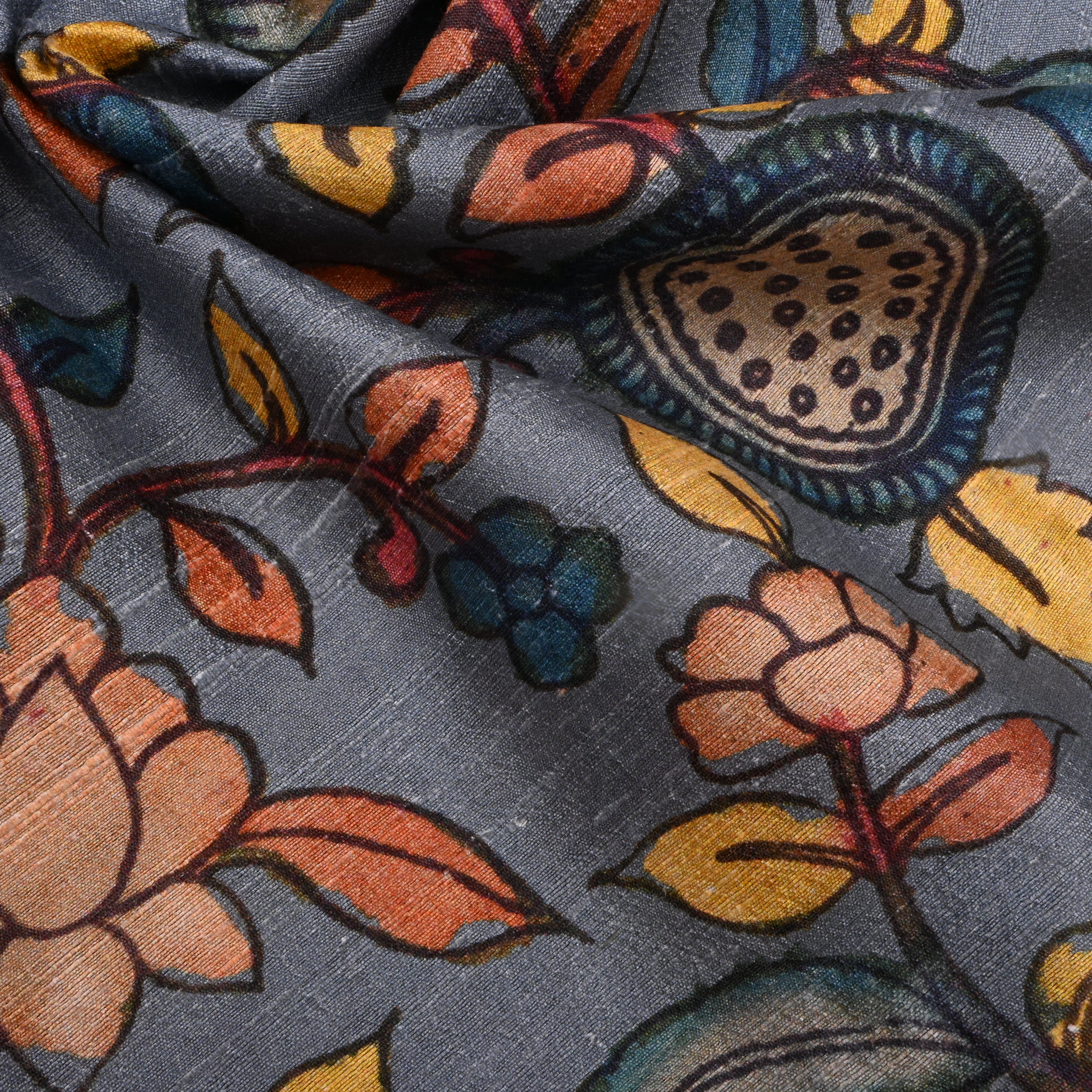 Oslo Gray Dupion Fabric With Kalamkari Print