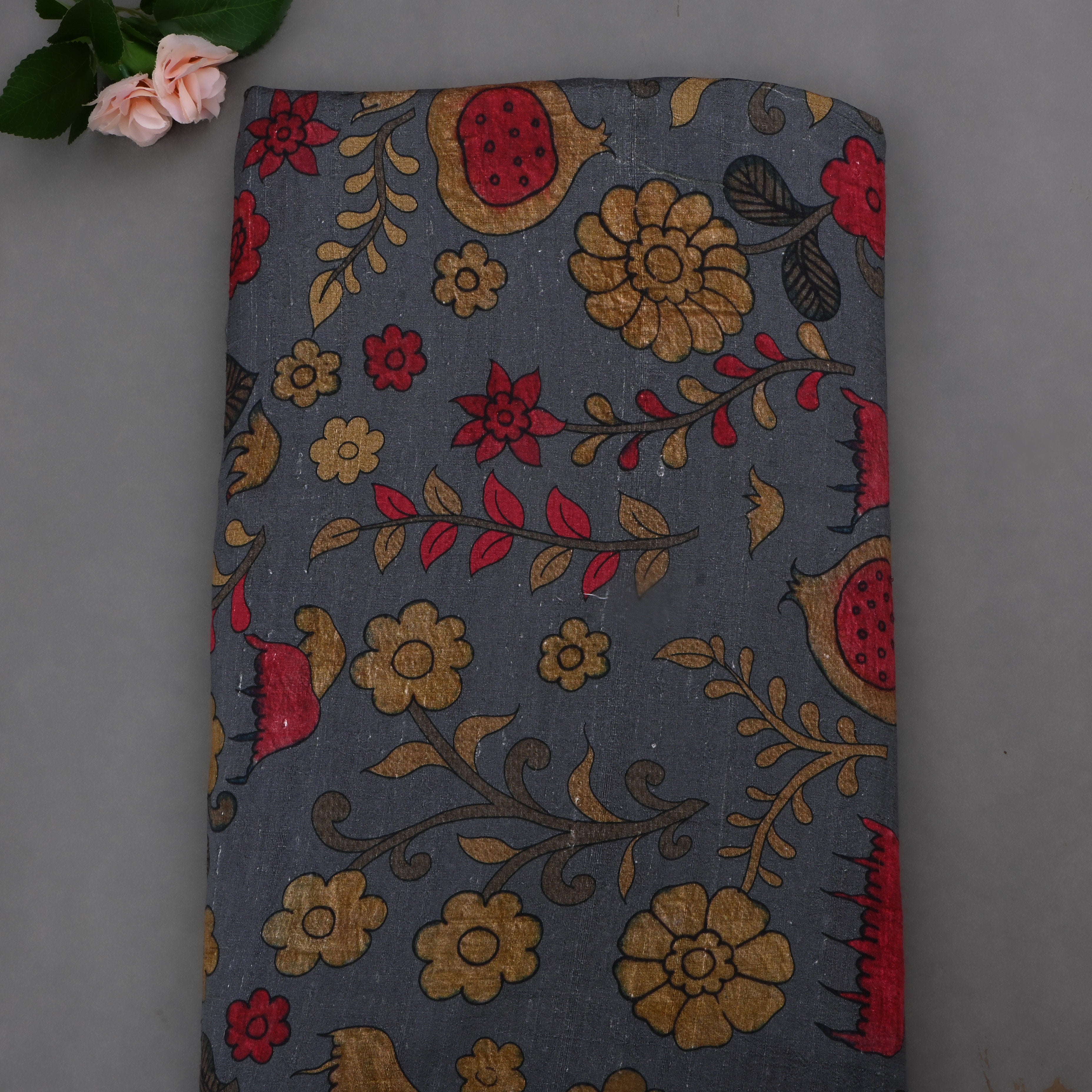 Gunmetal Blue Dupion Fabric With Digital Print