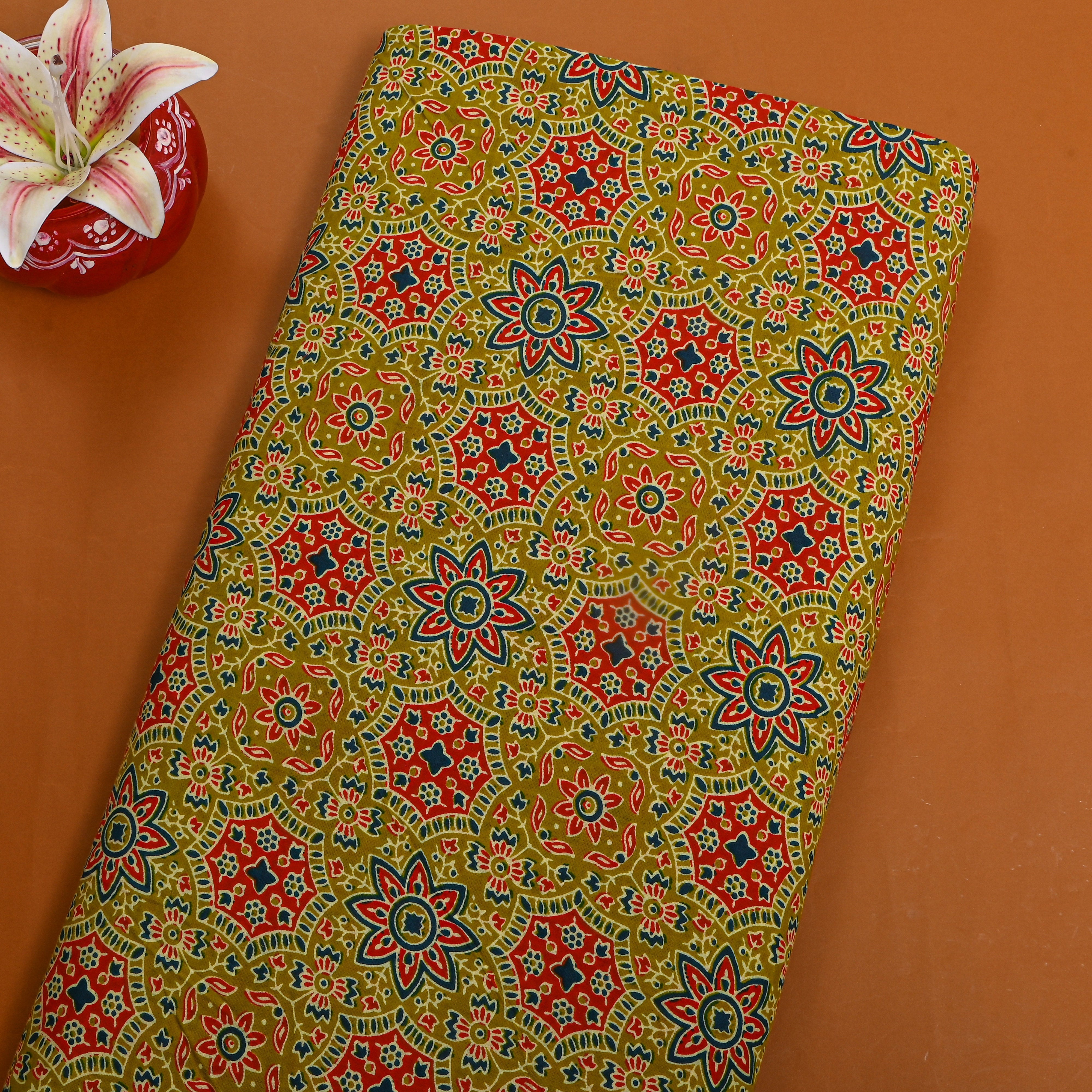 Green Floral Medallion Printed Cotton Fabric