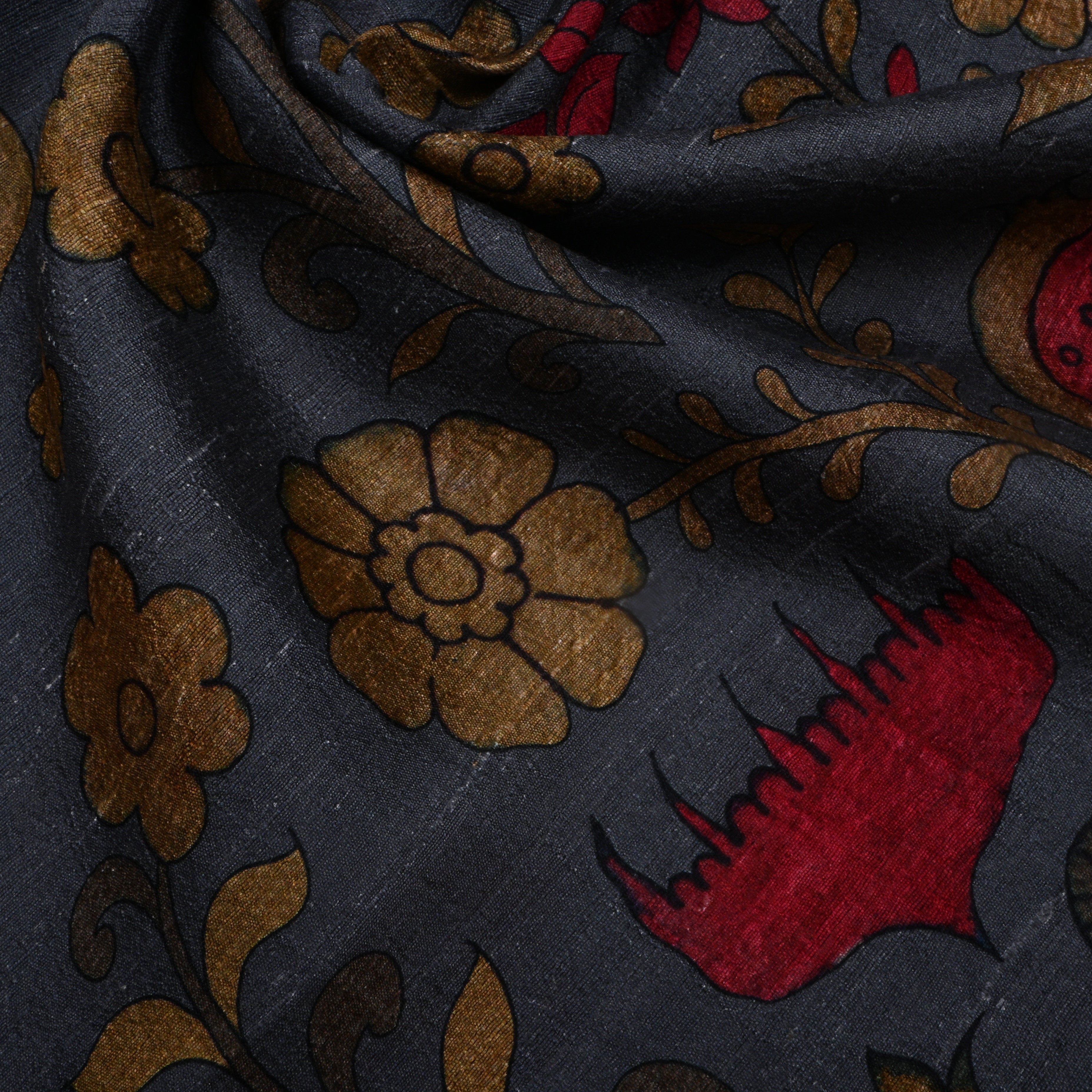 Gunmetal Blue Dupion Fabric With Digital Print