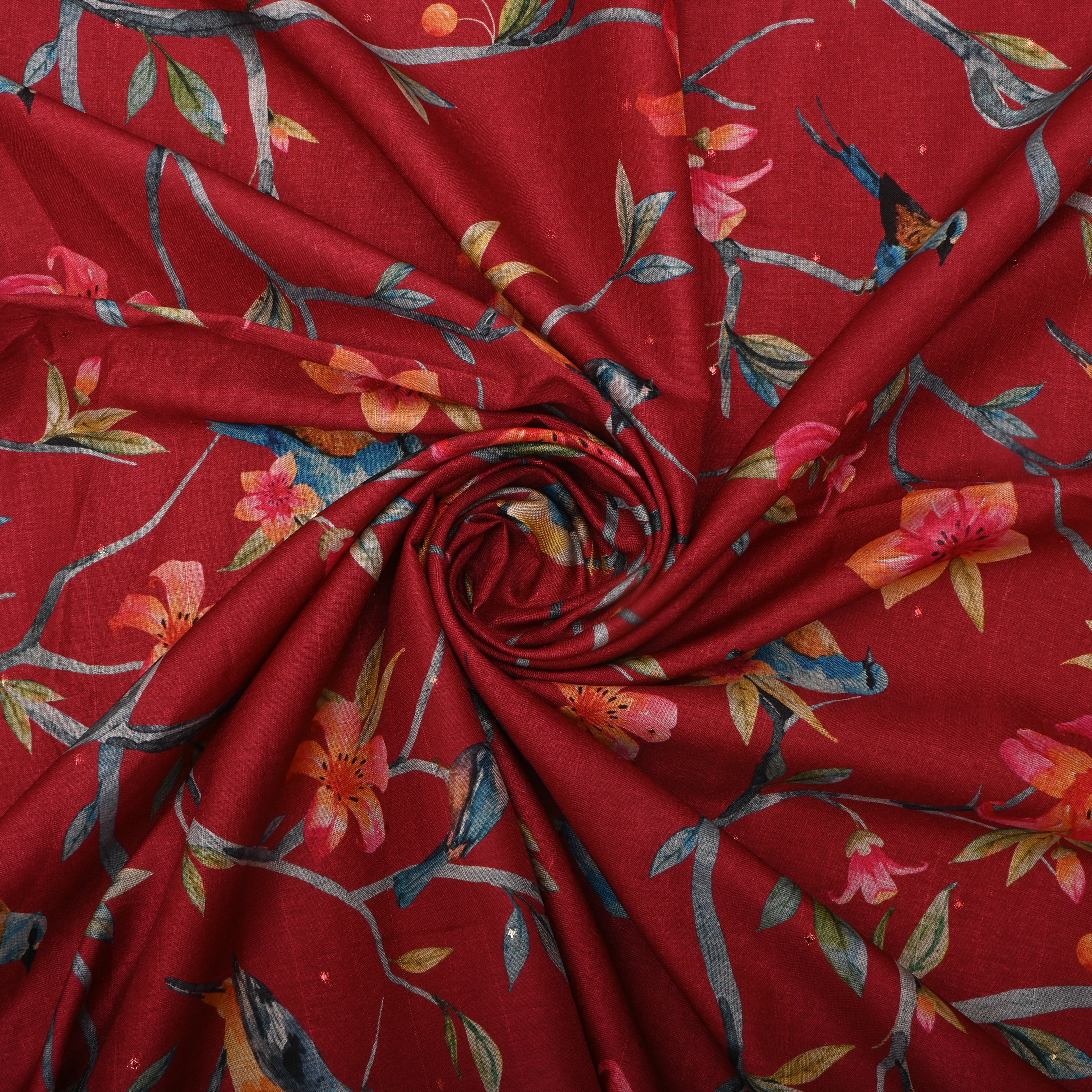 Red Tussar Fabric With Digital Prints