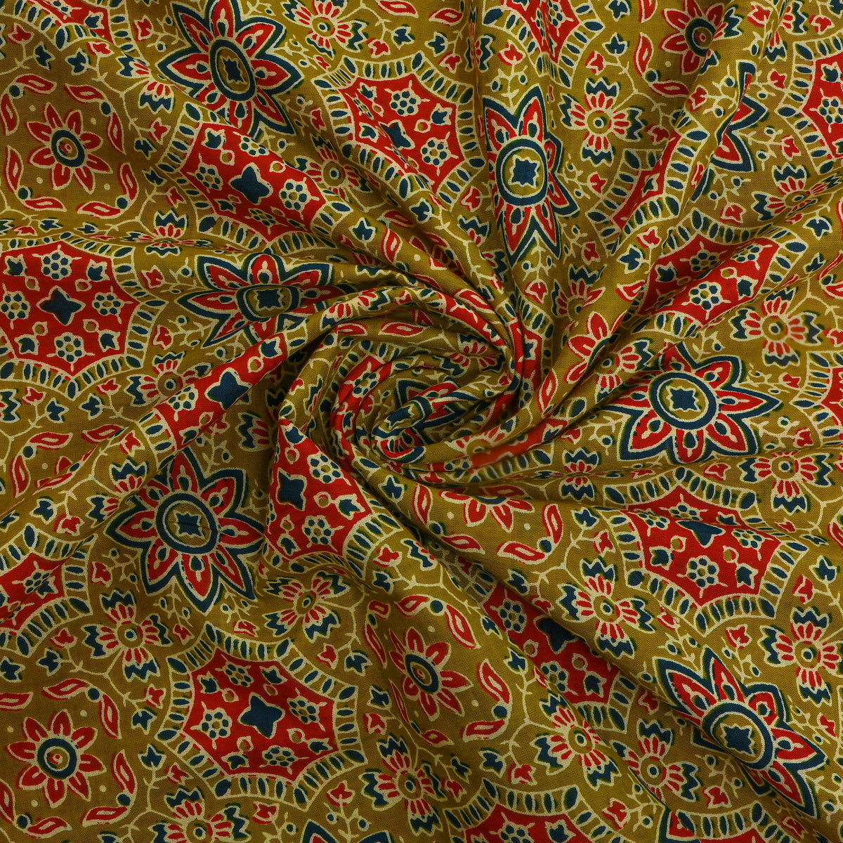 Green Floral Medallion Printed Cotton Fabric