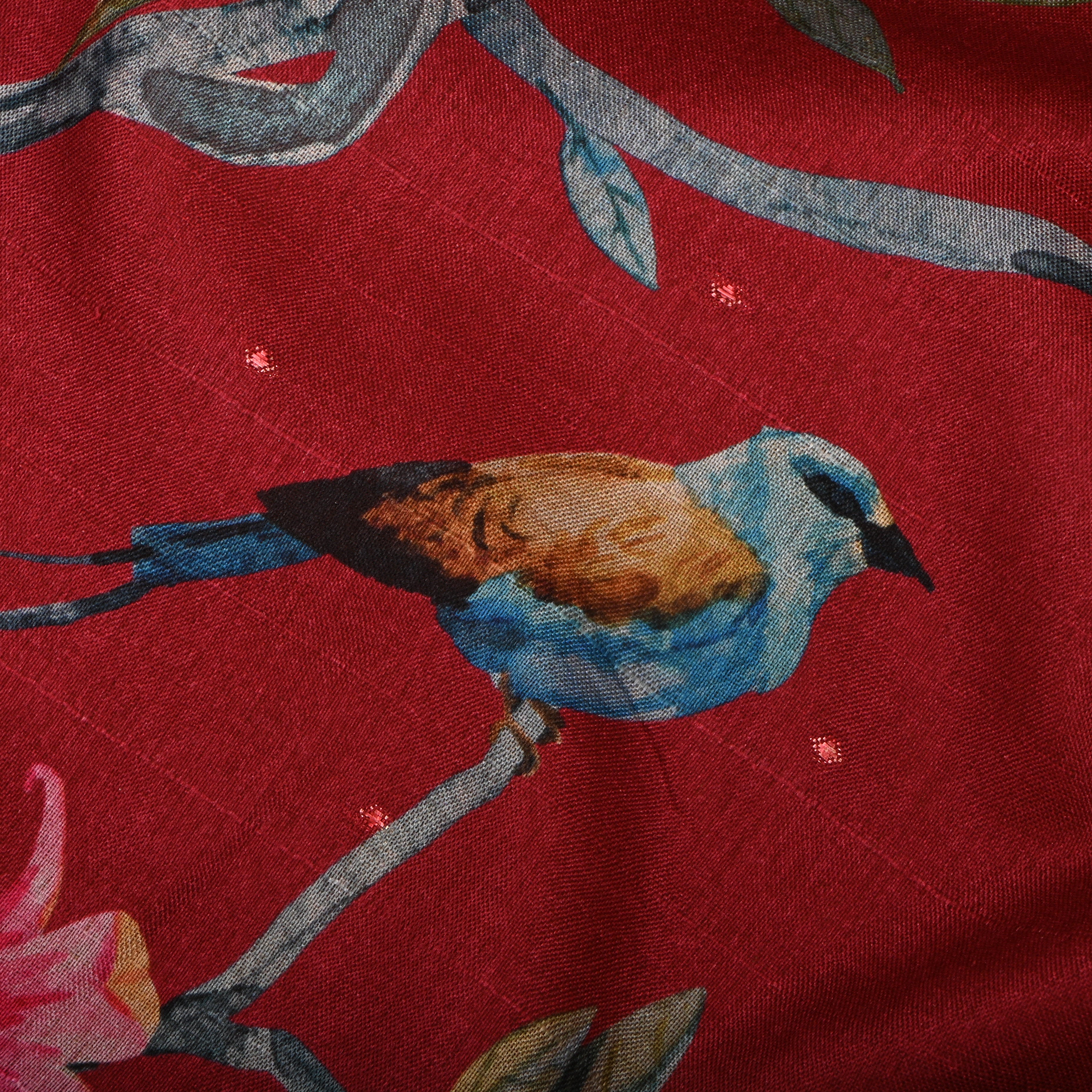 Red Tussar Fabric With Digital Prints