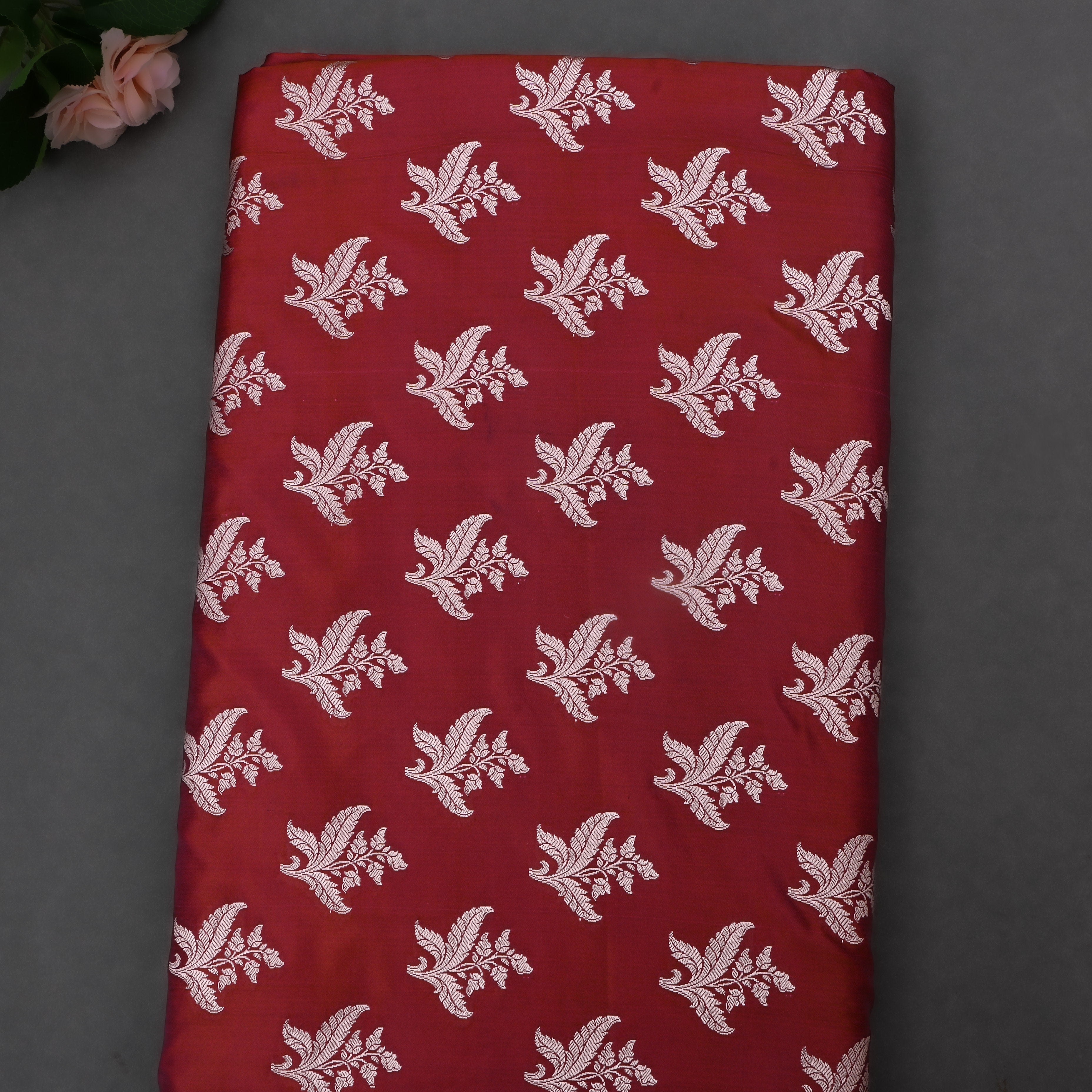 Cherrywood Red Jamawar Satin Fabric With Floral Butti'S