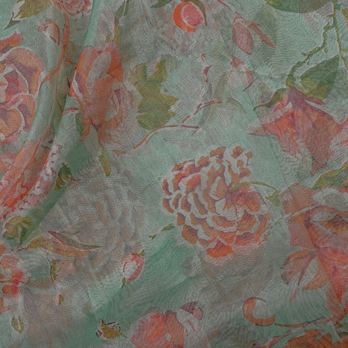 Green Floral Print Organza Fabric