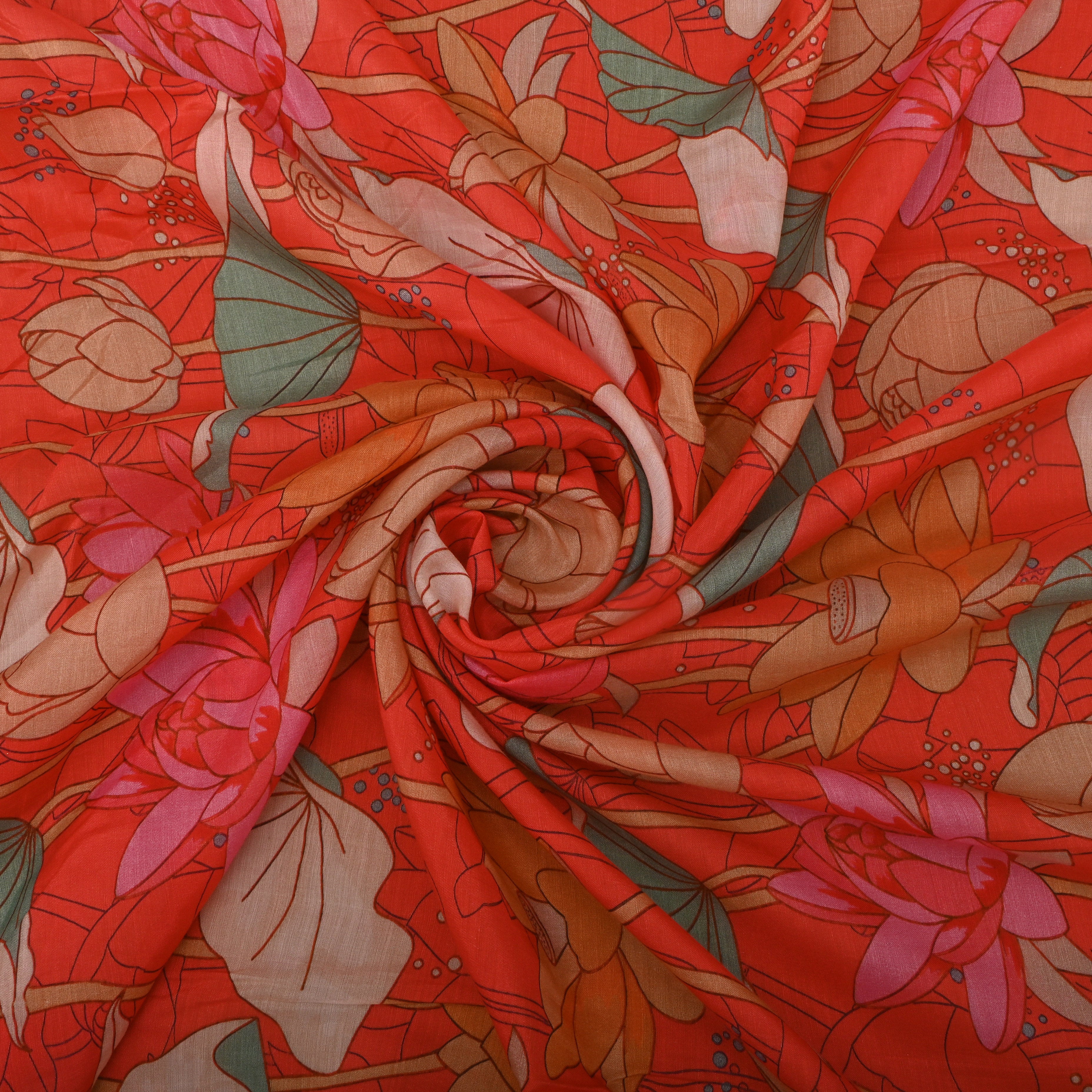 Hot Orange Silk Fabric With Floral Prints