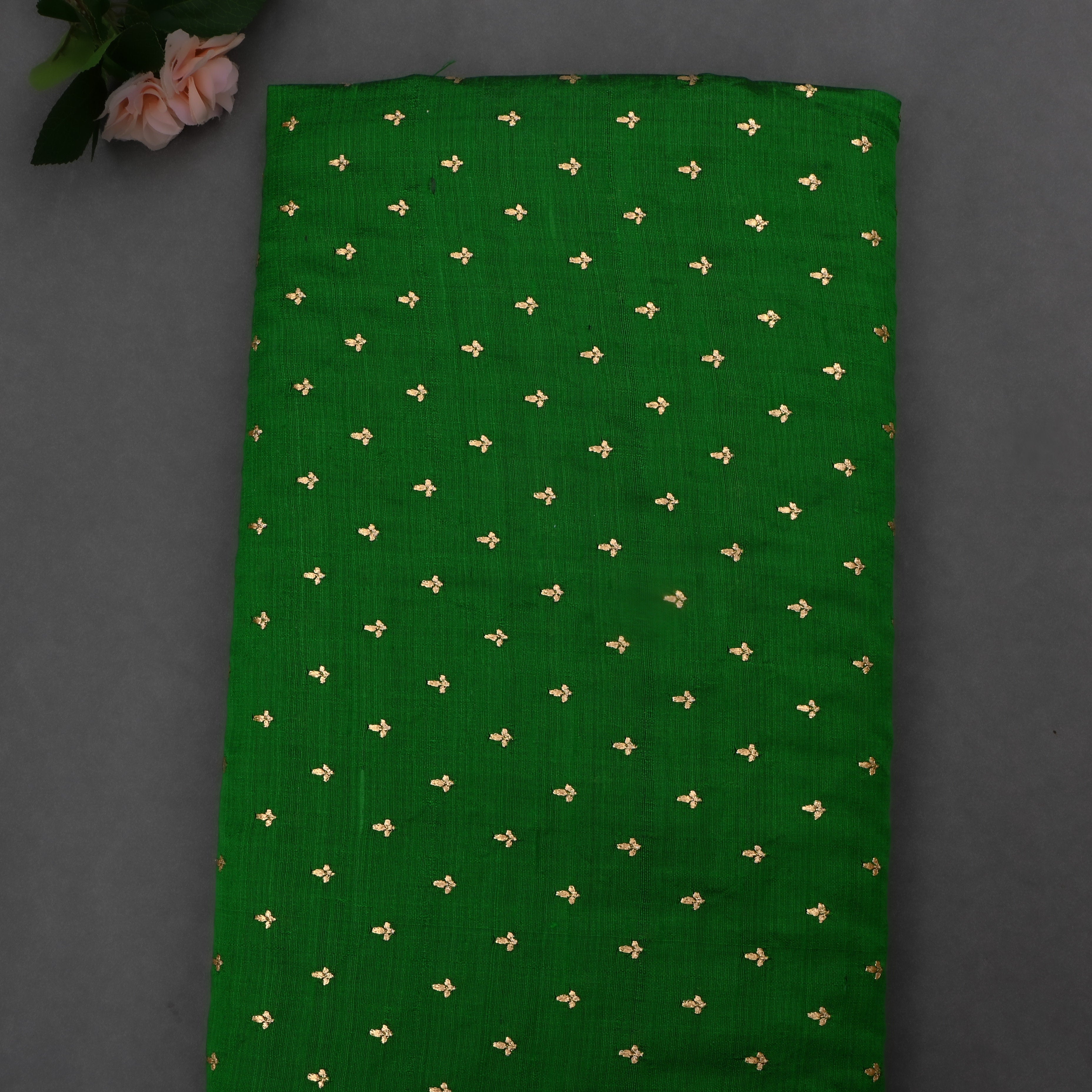 Dark Forest Green Dupion Raw Silk Fabric With Floral Butti'S