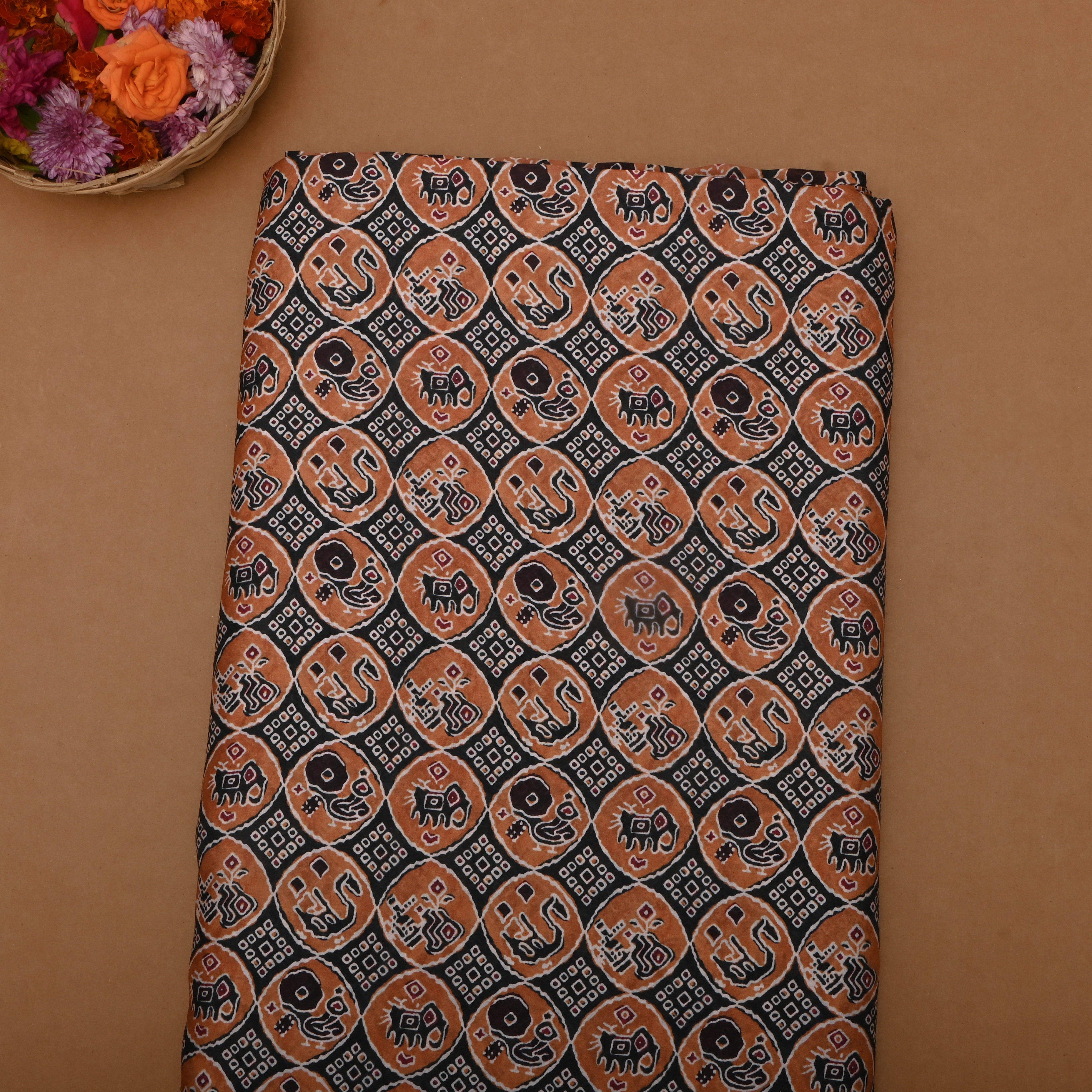 Black Silk Fabric With Printed Design