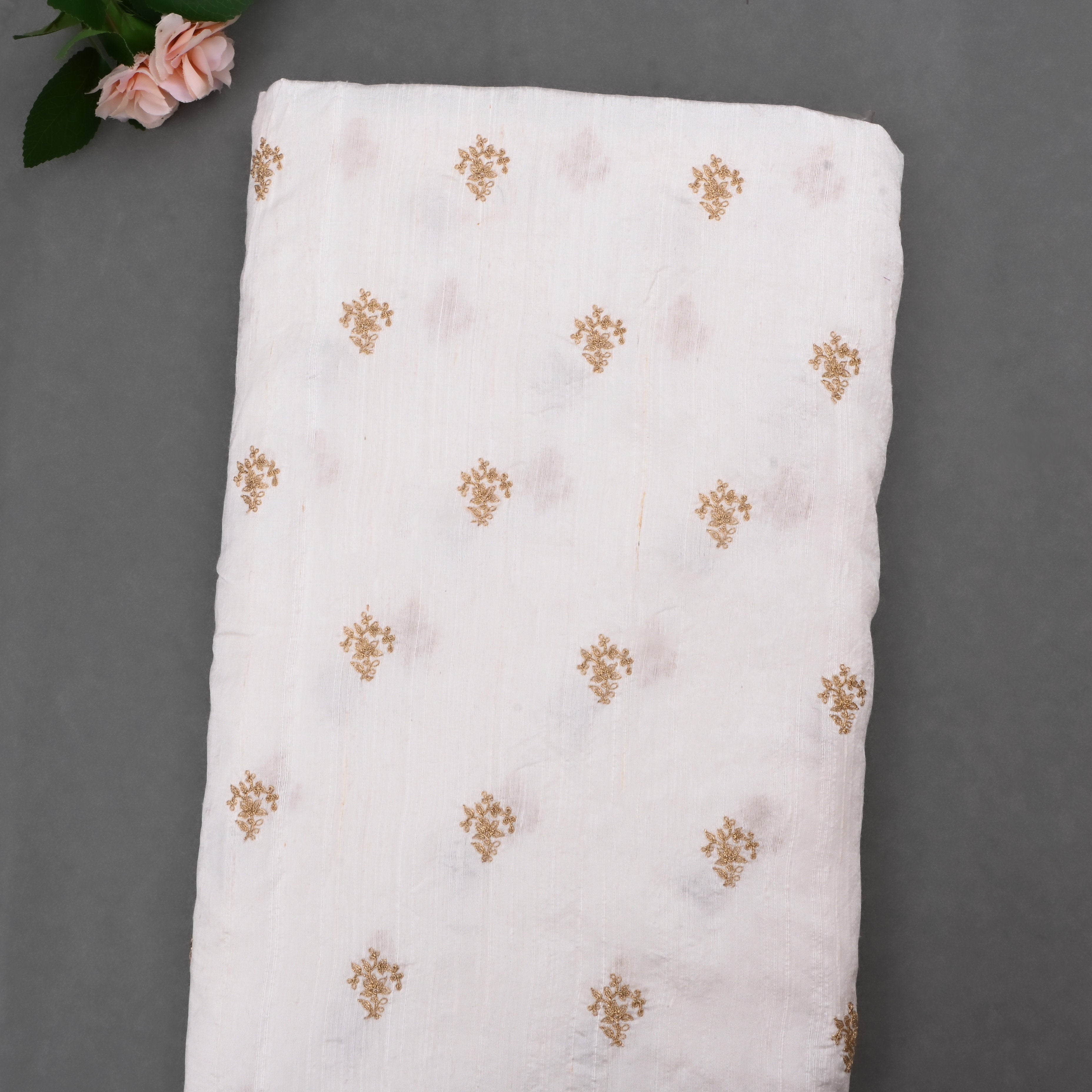 Whitish Silver Dupion Raw Silk Fabric With Embroidery Work