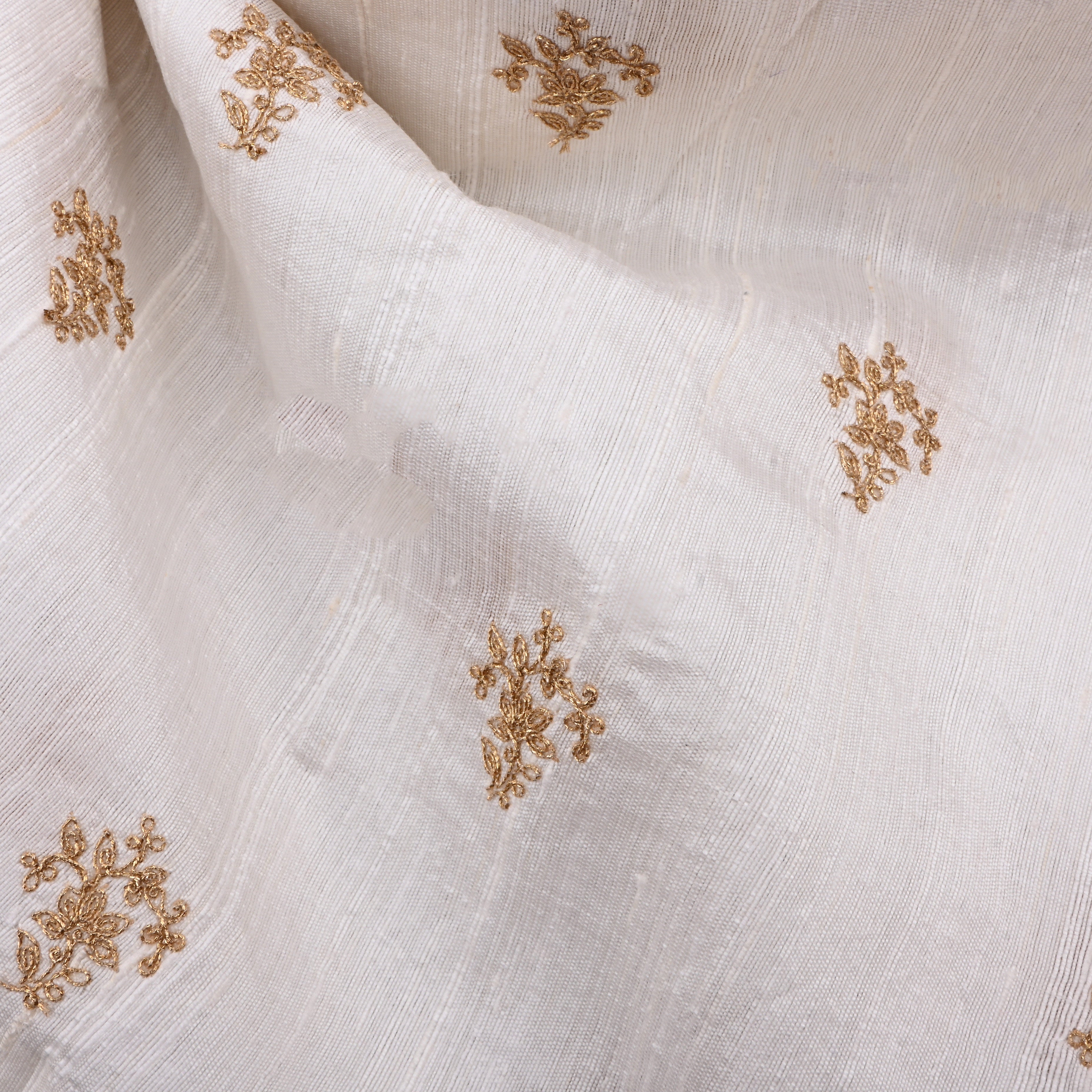 Whitish Silver Dupion Raw Silk Fabric With Embroidery Work